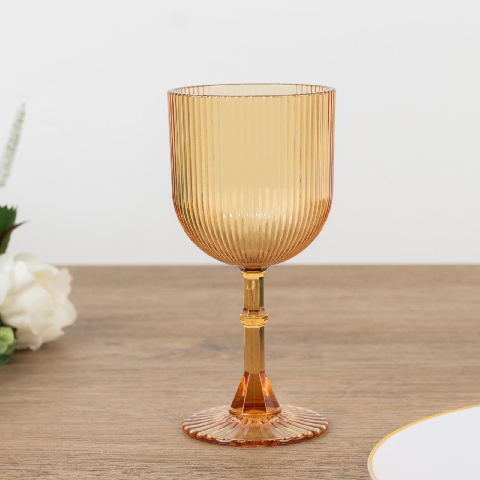 12-Pack Reusable 9oz Amber Gold Vintage Ribbed Plastic Wine Goblets - Shatterproof Glassware