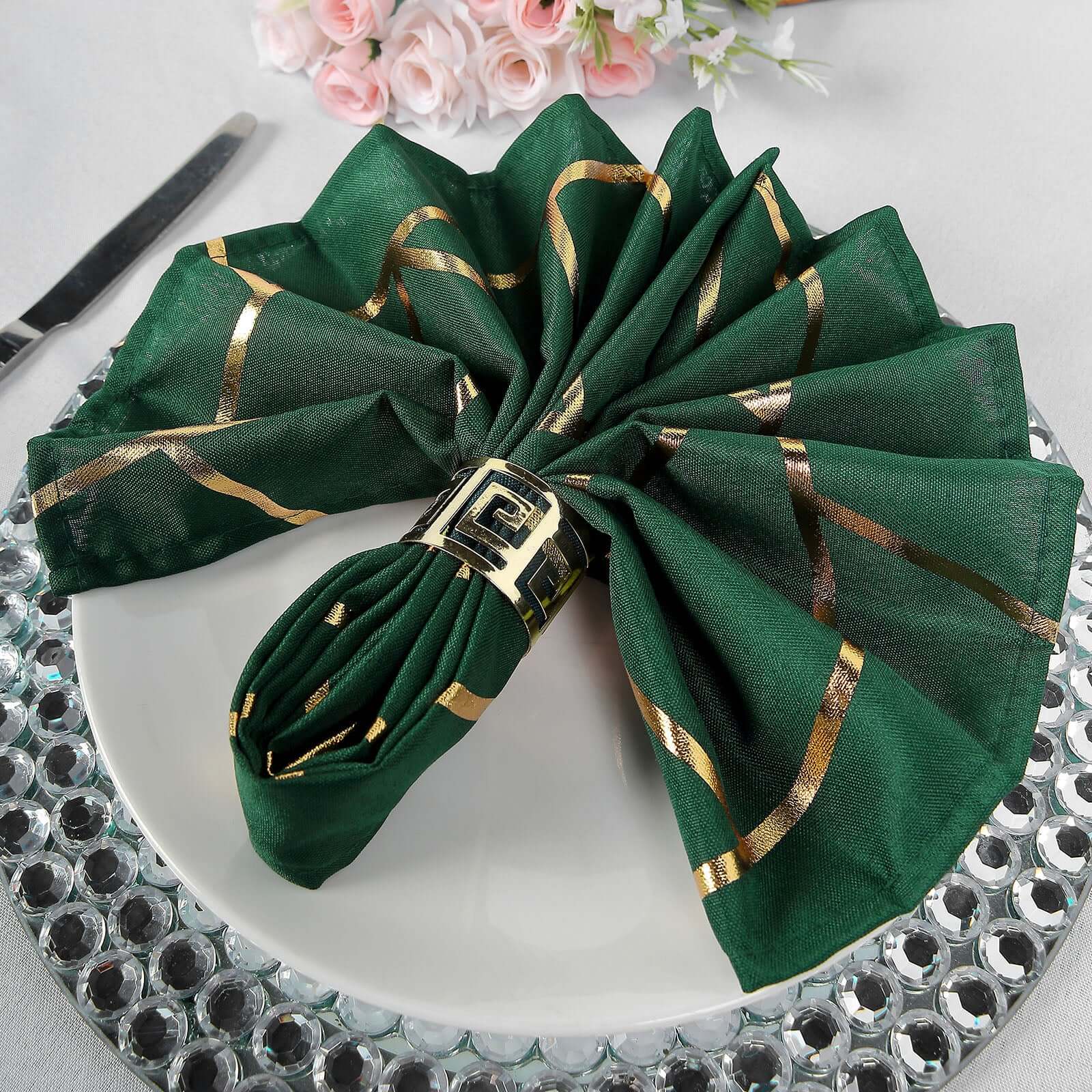 Set of 5 Reusable 20x20 Polyester Dinner Napkins in Hunter Emerald Green with Gold Geometric Foil Design