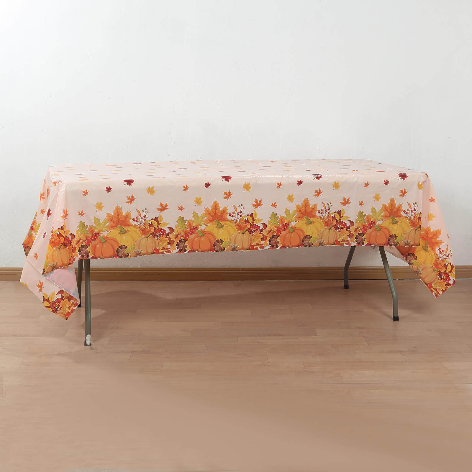 5-Pack Orange Thanksgiving Plastic Rectangle Tablecloths with Fall Leaves & Pumpkin Print - Festive PVC Disposable Covers