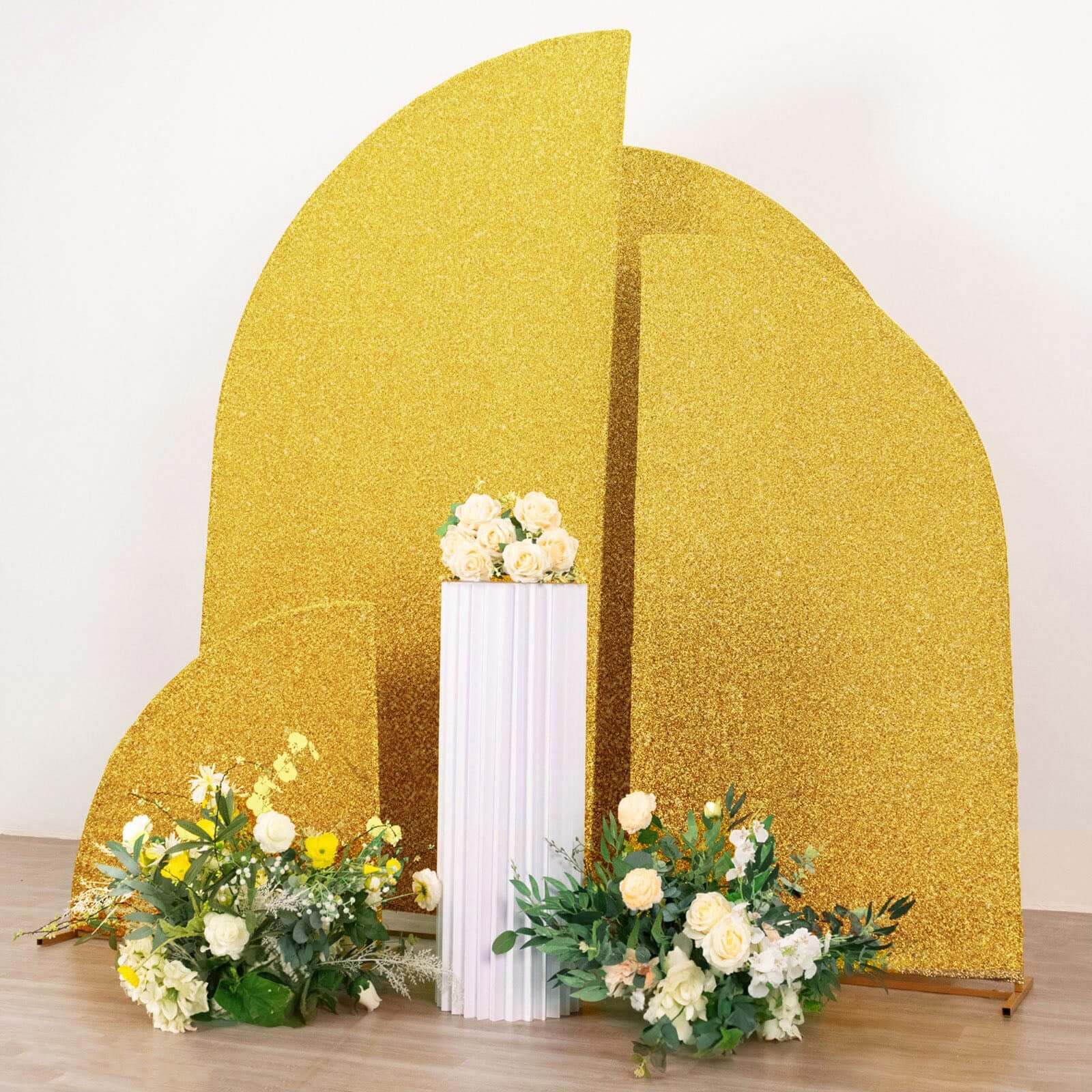 4-Piece Gold Shimmer Tinsel Chiara Wedding Arch Covers for Half Moon Stands (2.5ft - 7ft)