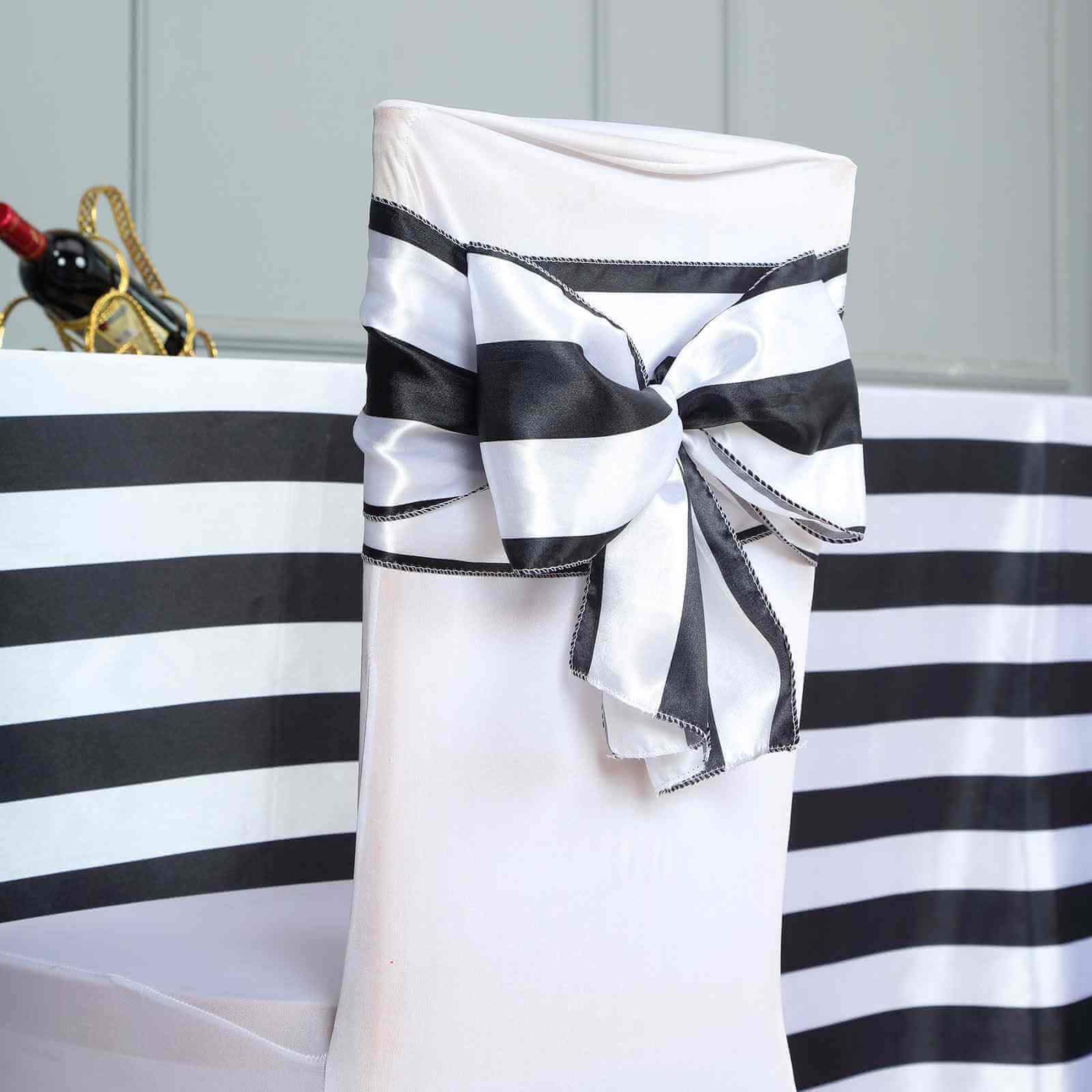 5-Pack Satin Chair Sashes in Black/White Stripes - Ideal Decor for Weddings and Gatherings