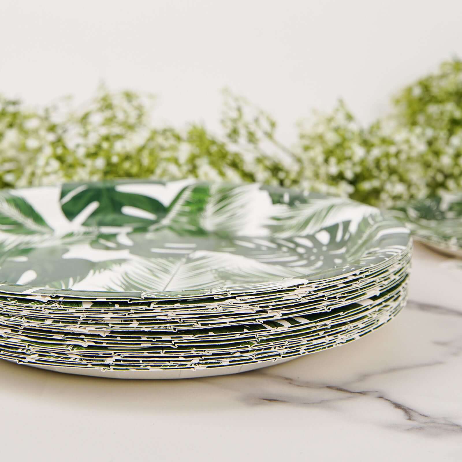 25-Pack Disposable 7-Inch White Paper Dessert Plates with Tropical Palm Leaf Design for Boho & Jungle Themed Parties