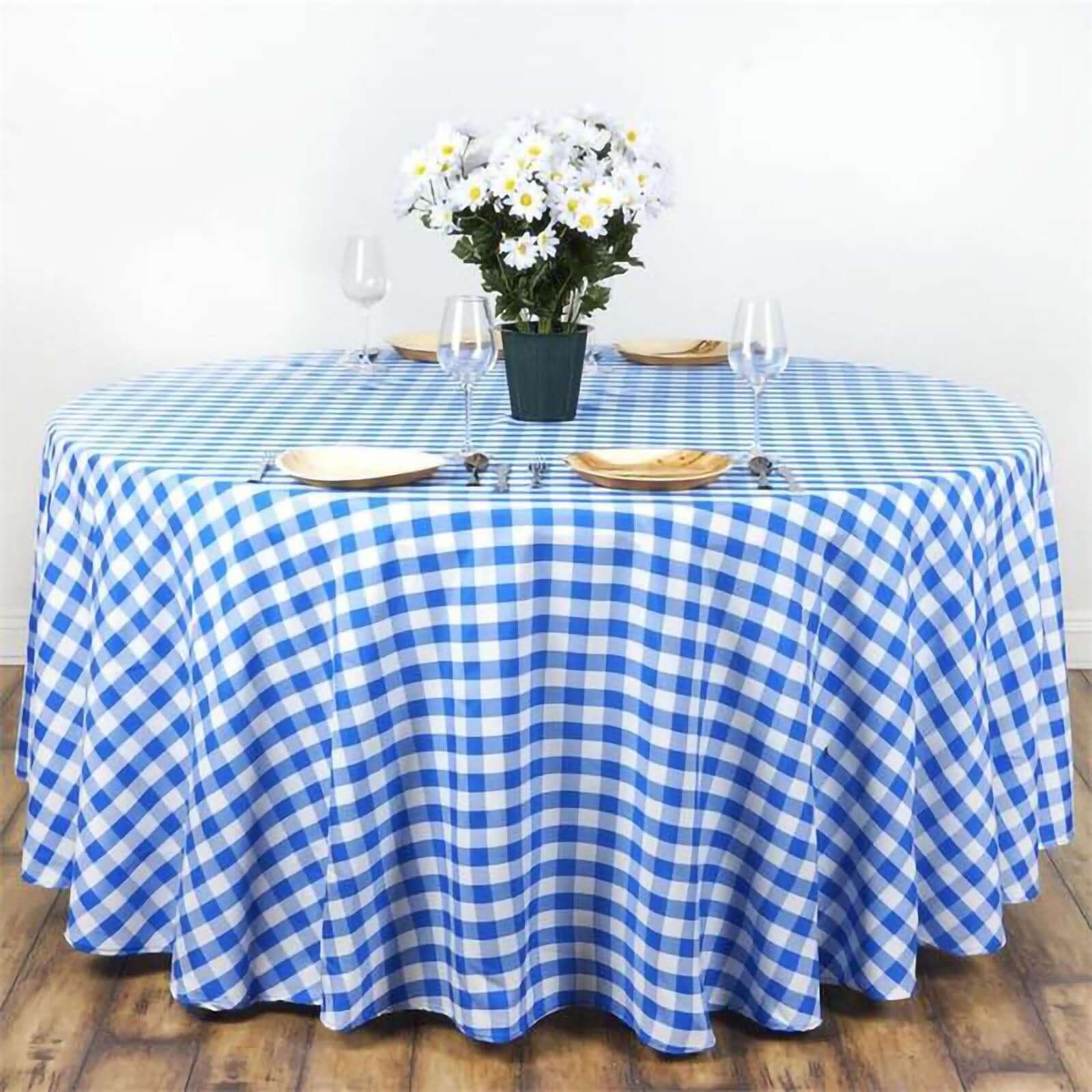 Hot! 120" Polyester Seamless White/Blue Checkered Buffalo Plaid Round Tablecloth