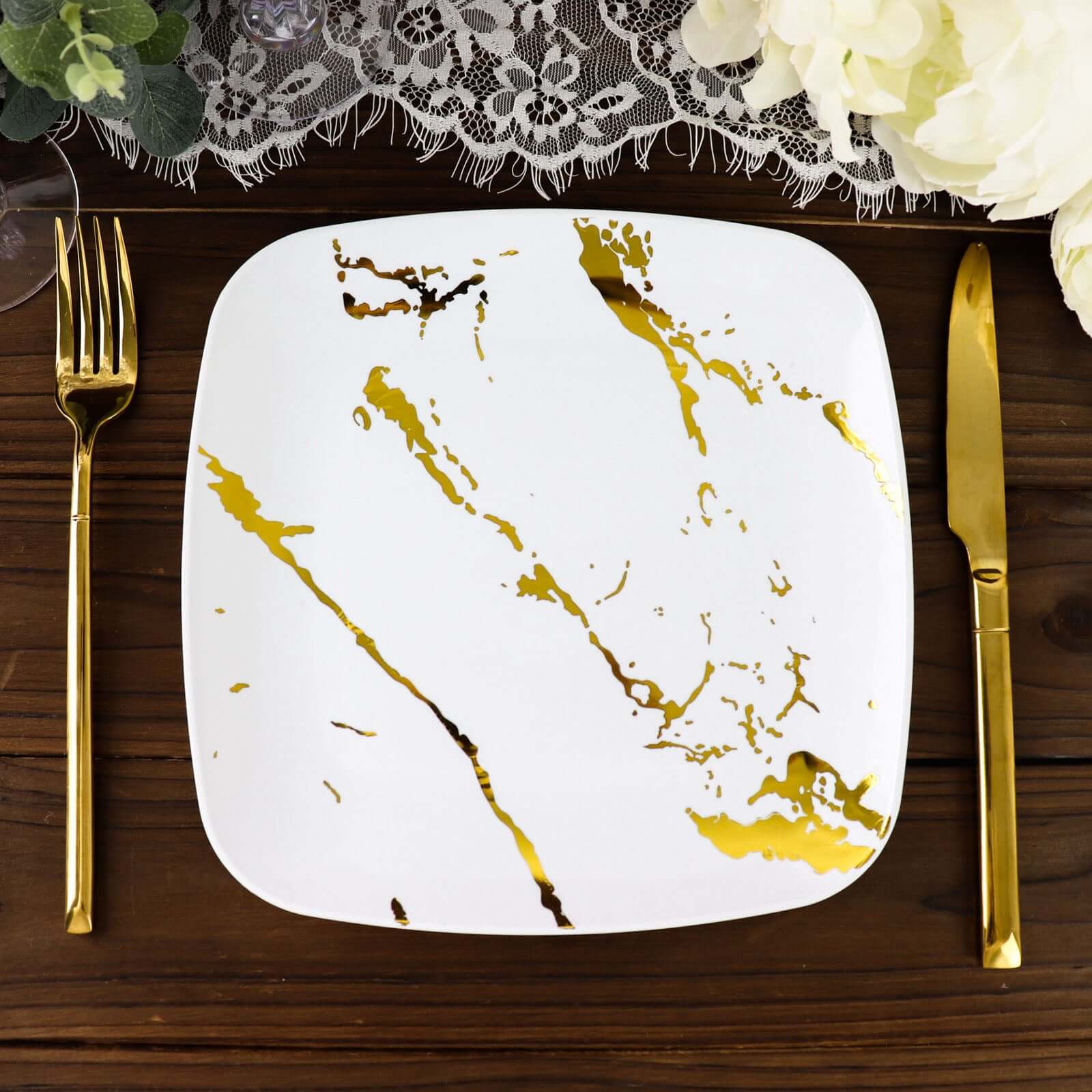10-Piece Set of White Plastic Square Dessert Plates with Gold Marble Design - Ideal for Weddings and Special Events