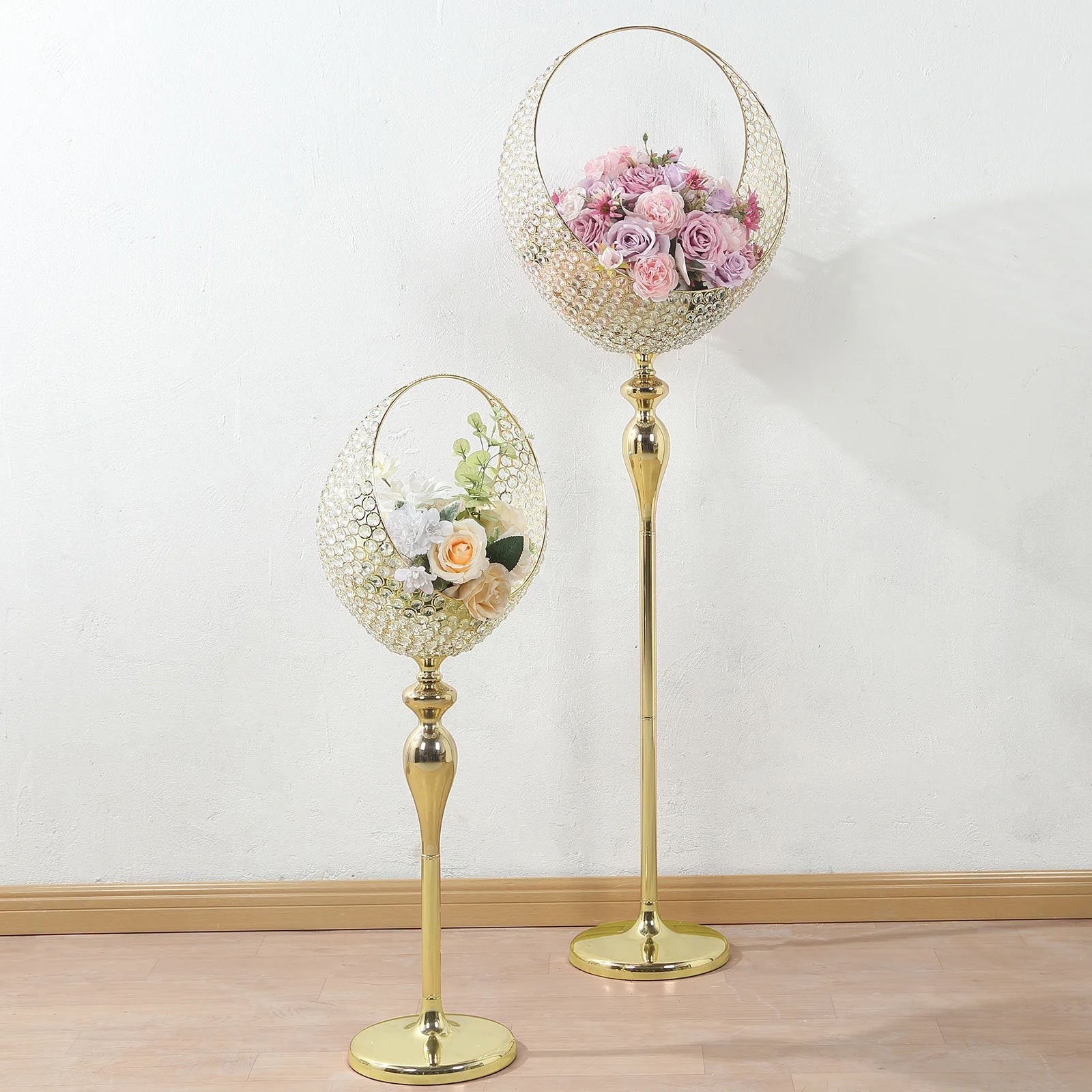Promo! 4.5ft Tall Gold Metal Crystal Beaded Candle Holder Stand, Half Moon Basket Design for Wedding Centerpiece