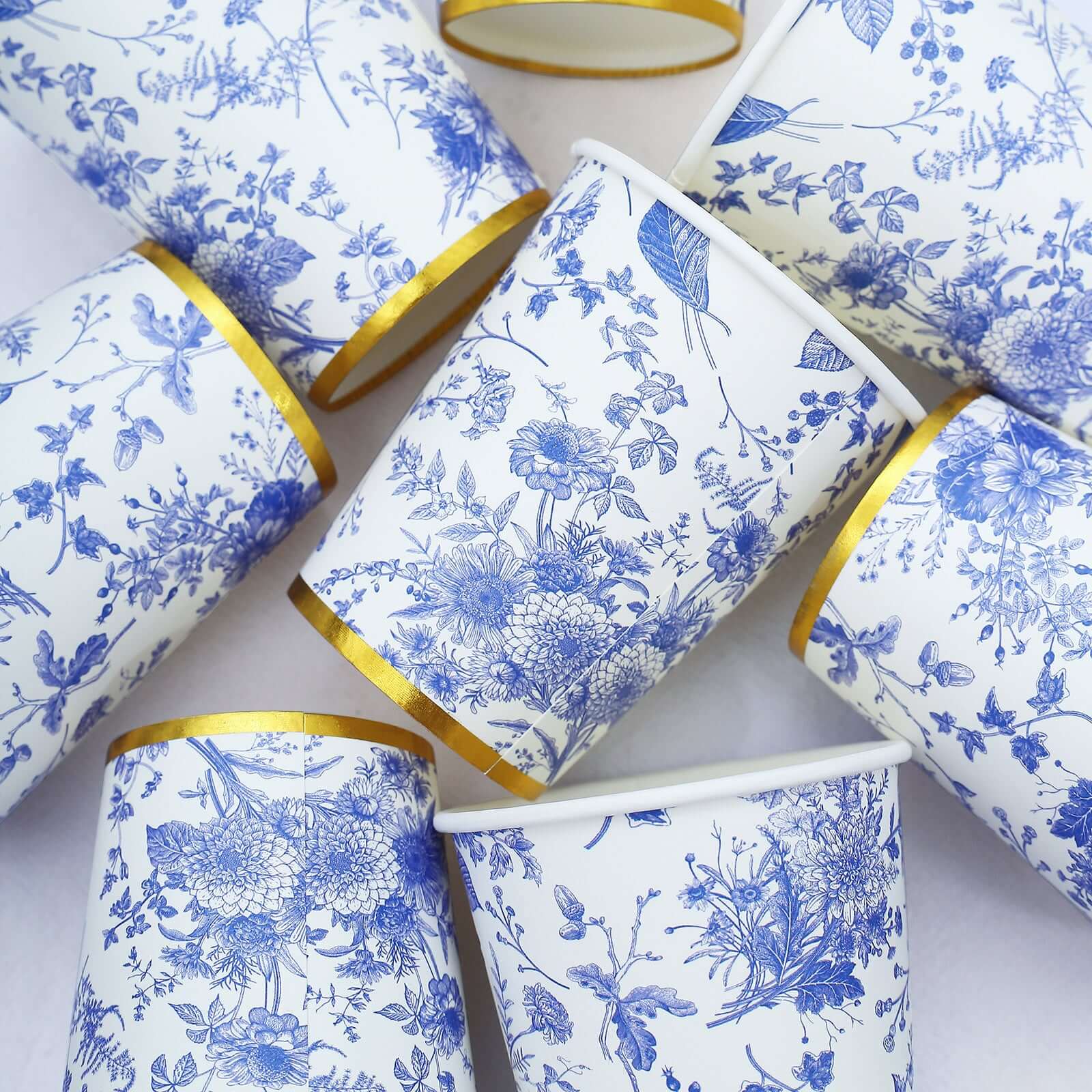24-Pack 9oz Disposable Paper Party Cups in Elegant French Toile Pattern with Gold Rim