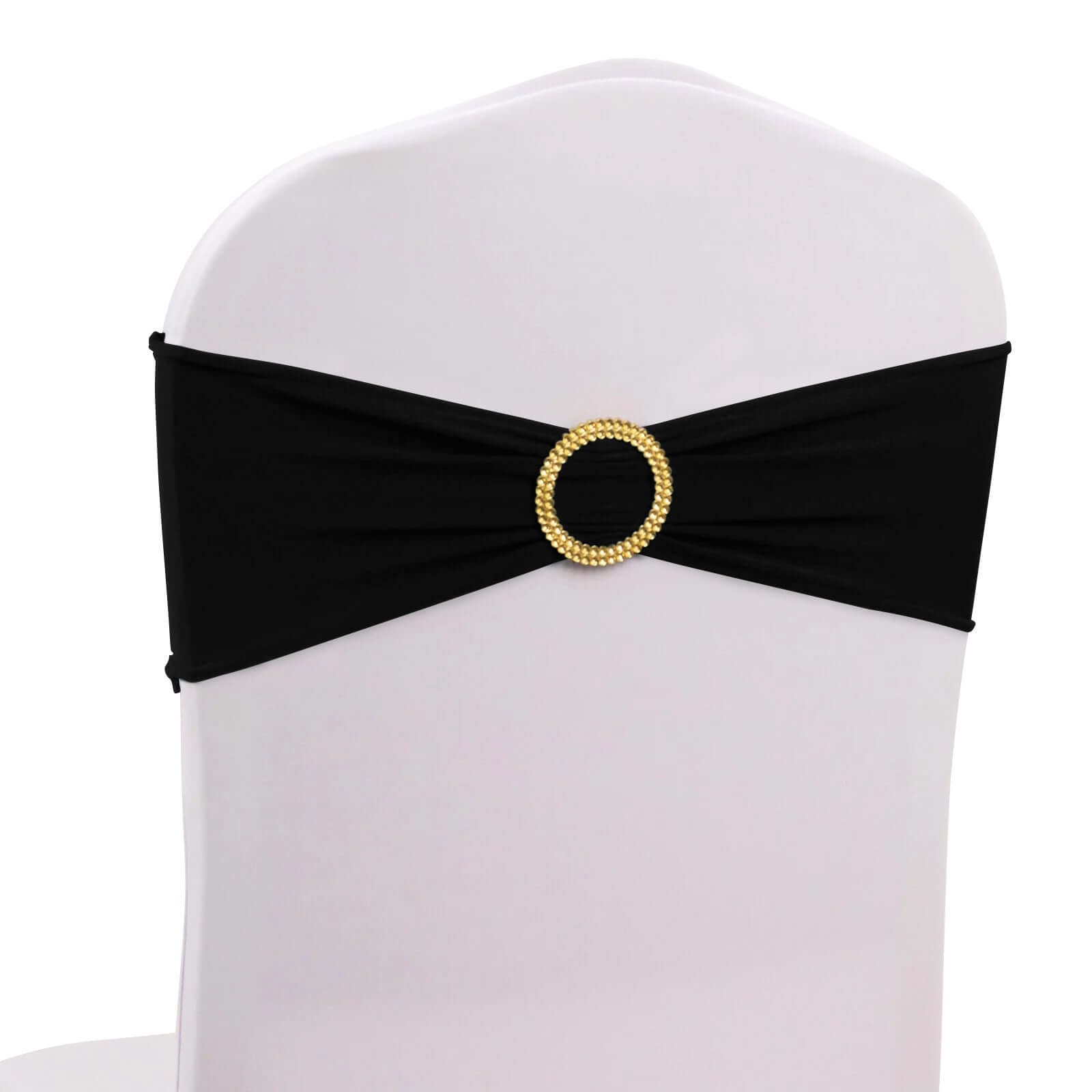 Hot Sale! 5-Piece Set of Reusable Black Spandex Chair Sashes with Gold Rhinestone Plastic Buckles