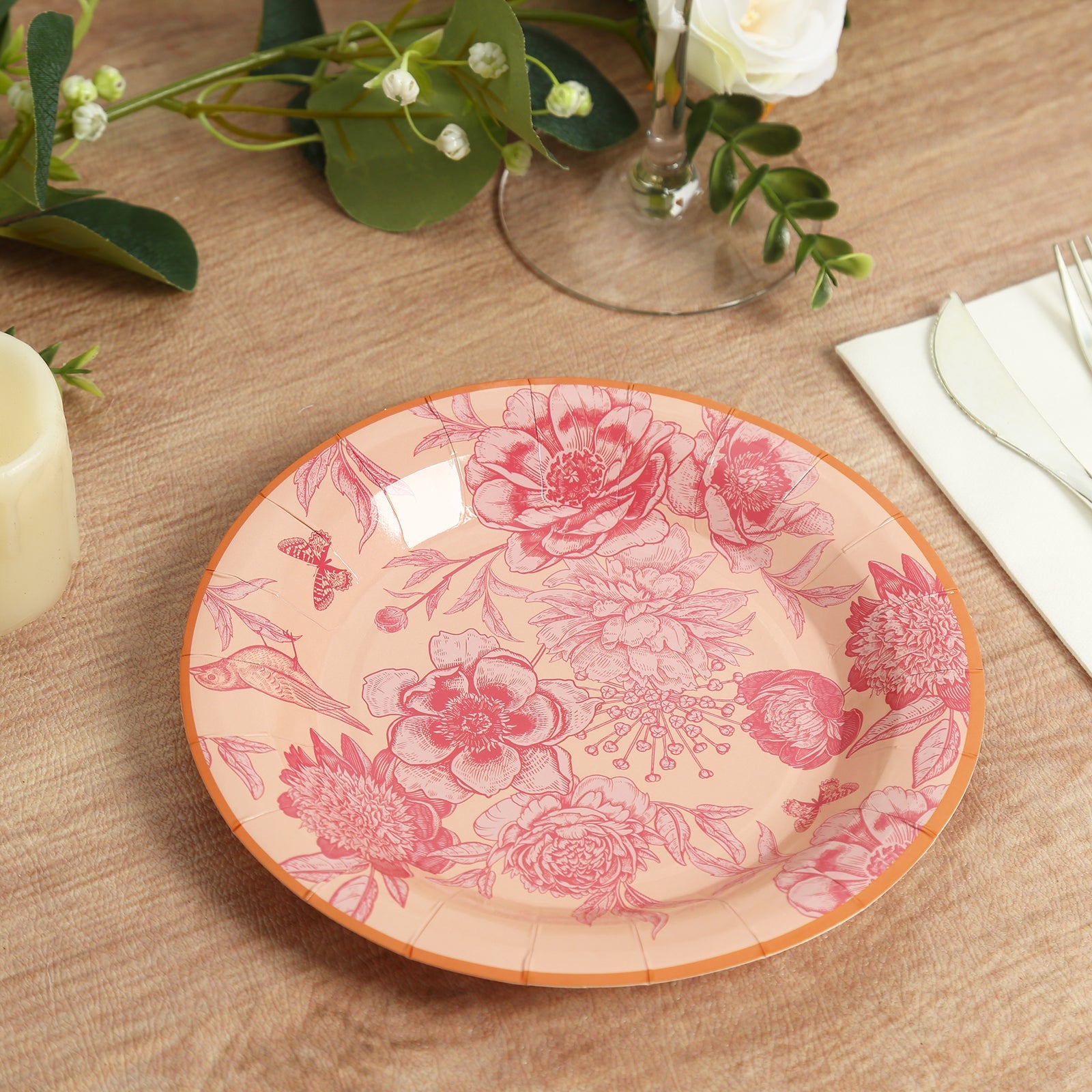 50-Piece Heavy-Duty Disposable Paper Party Plates in Dusty Rose Floral with Gold Rim, 7