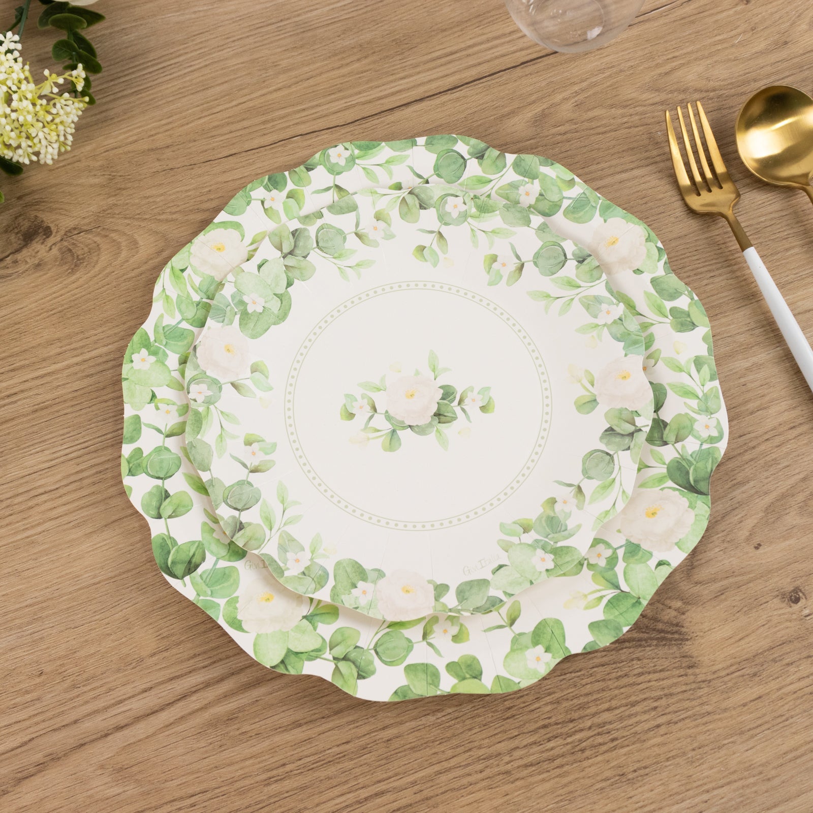 25-Pack Disposable 8-Inch White Floral Greenery Scalloped Edge Paper Dessert Plates - Ideal for Rustic Weddings & Garden Brunches