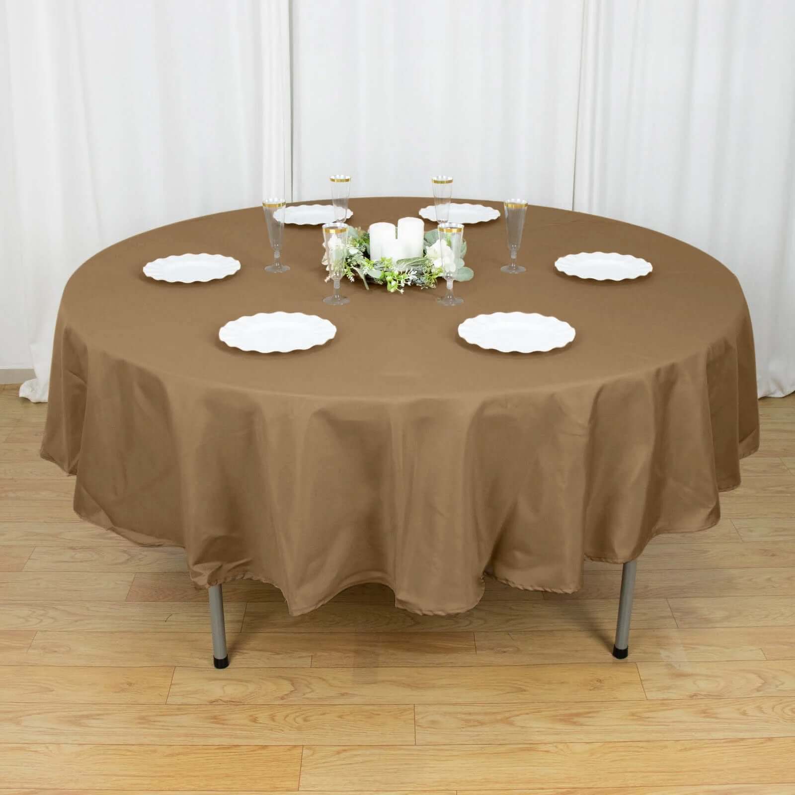 Taupe 90-Inch Polyester Round Tablecloth: Stain & Wrinkle-Resistant