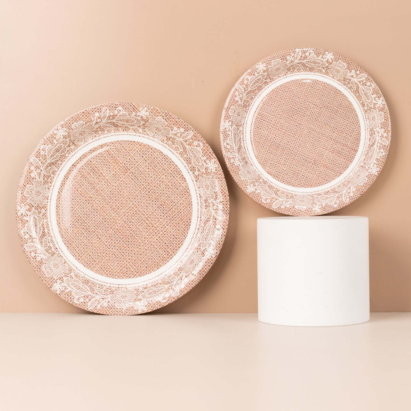 Hot Deal! 25-Pack of 9-Inch Round Disposable Paper Dinner Plates with Rustic Burlap & Floral Lace Design