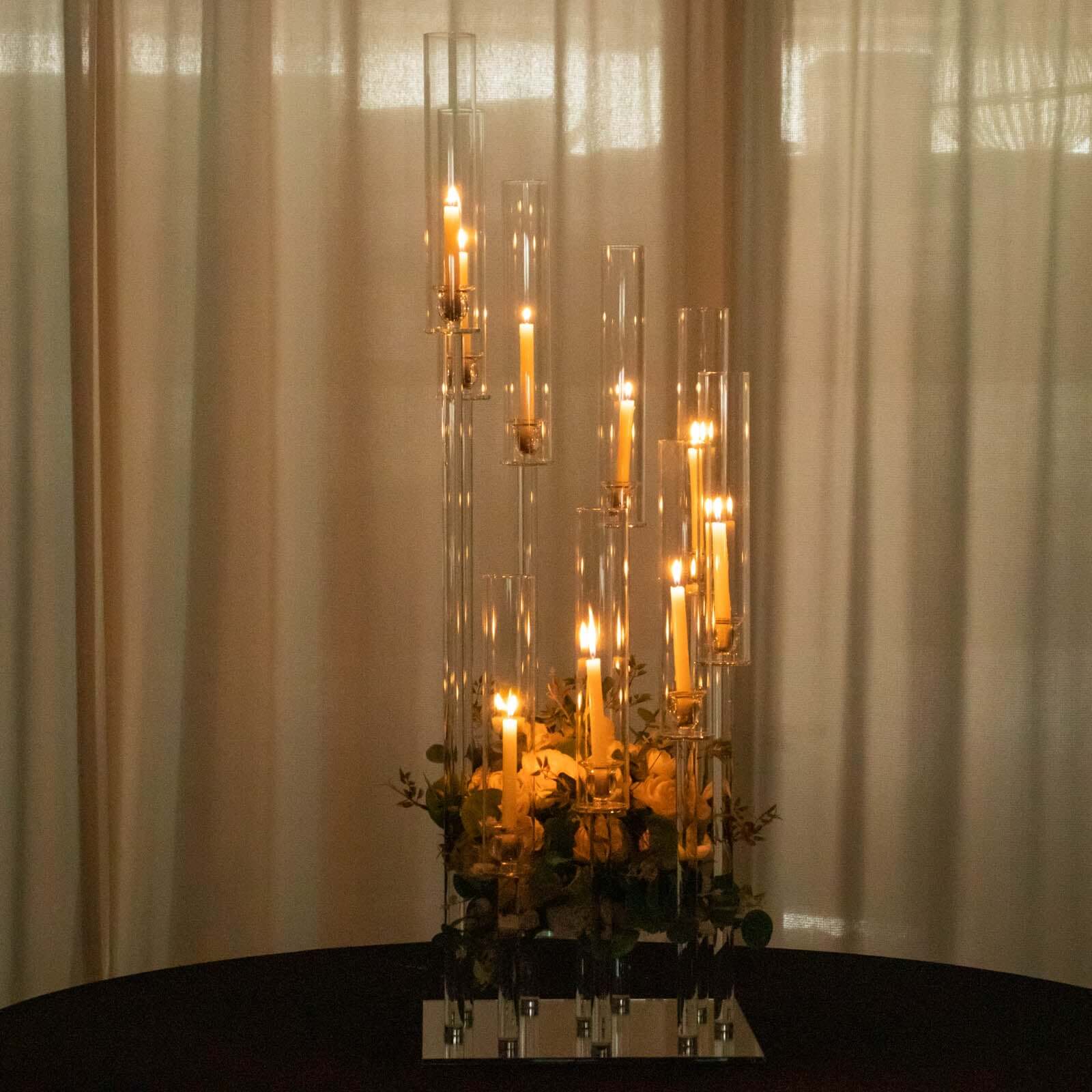 4ft Crystal Glass 9-Pillar Candelabra with Center Flower Stand - Ideal Table Centerpiece