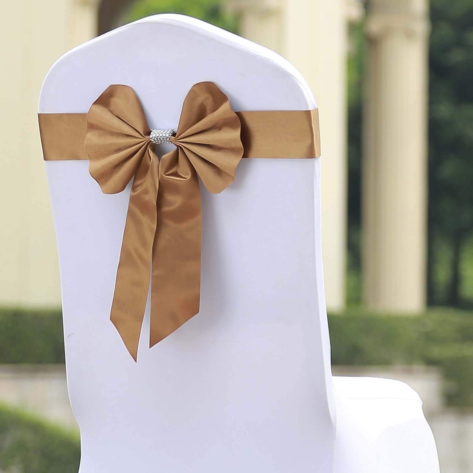 5-Pack Gold Satin Faux Leather Chair Sashes with Rhinestone Buckles - Ideal Party Decor