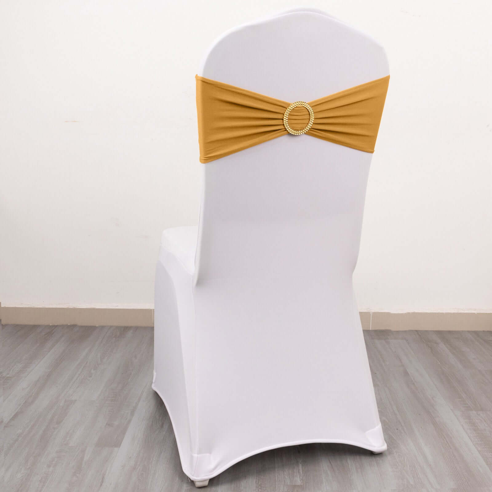 5-Piece Gold Spandex Chair Sashes with Sparkling Gold Rhinestone Buckles - Reusable 4-Way Stretch for Elegant Weddings and Parties