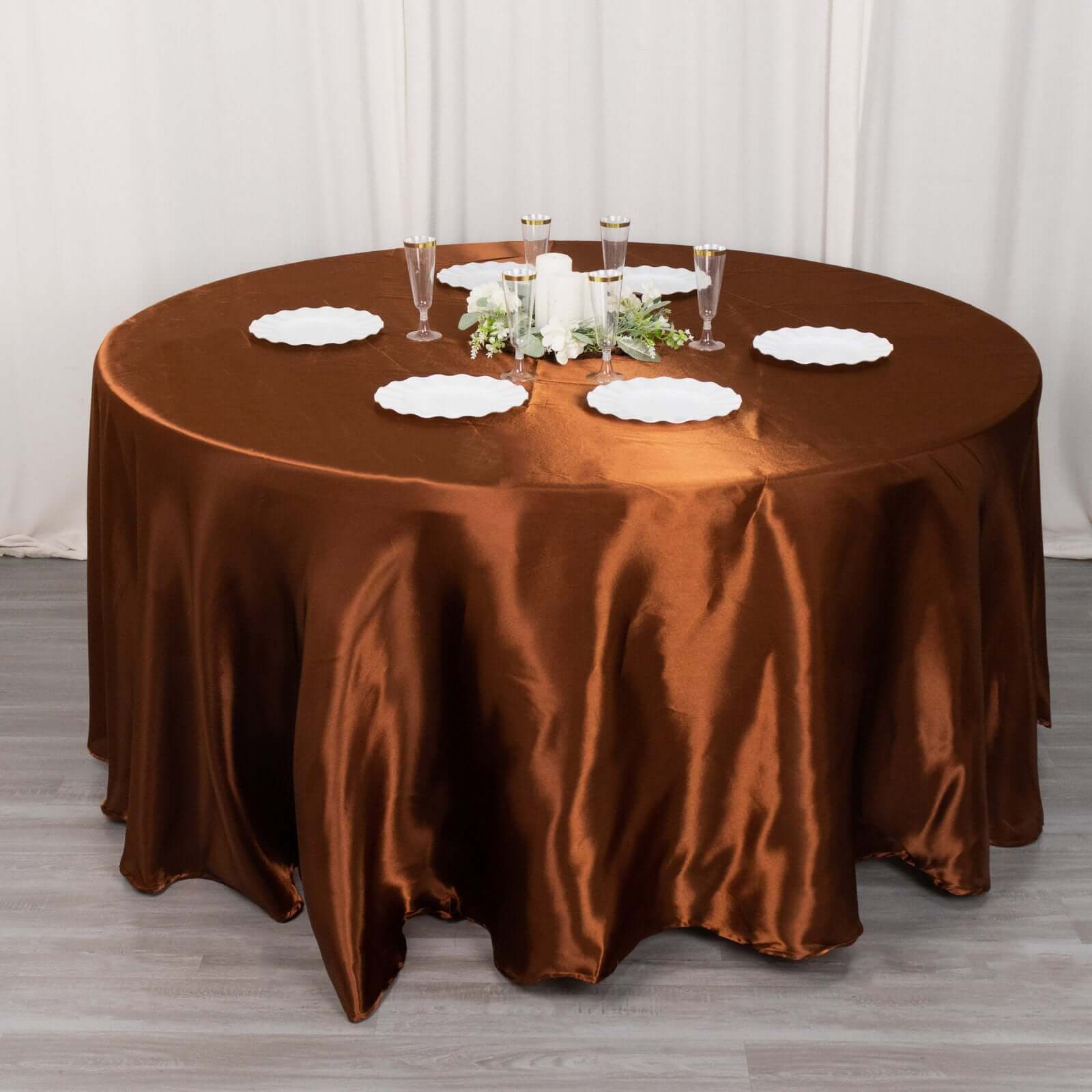 Stylish Satin 120-Inch Round Tablecloth in Cinnamon Brown - Seamless Table Cover for Special Occasions