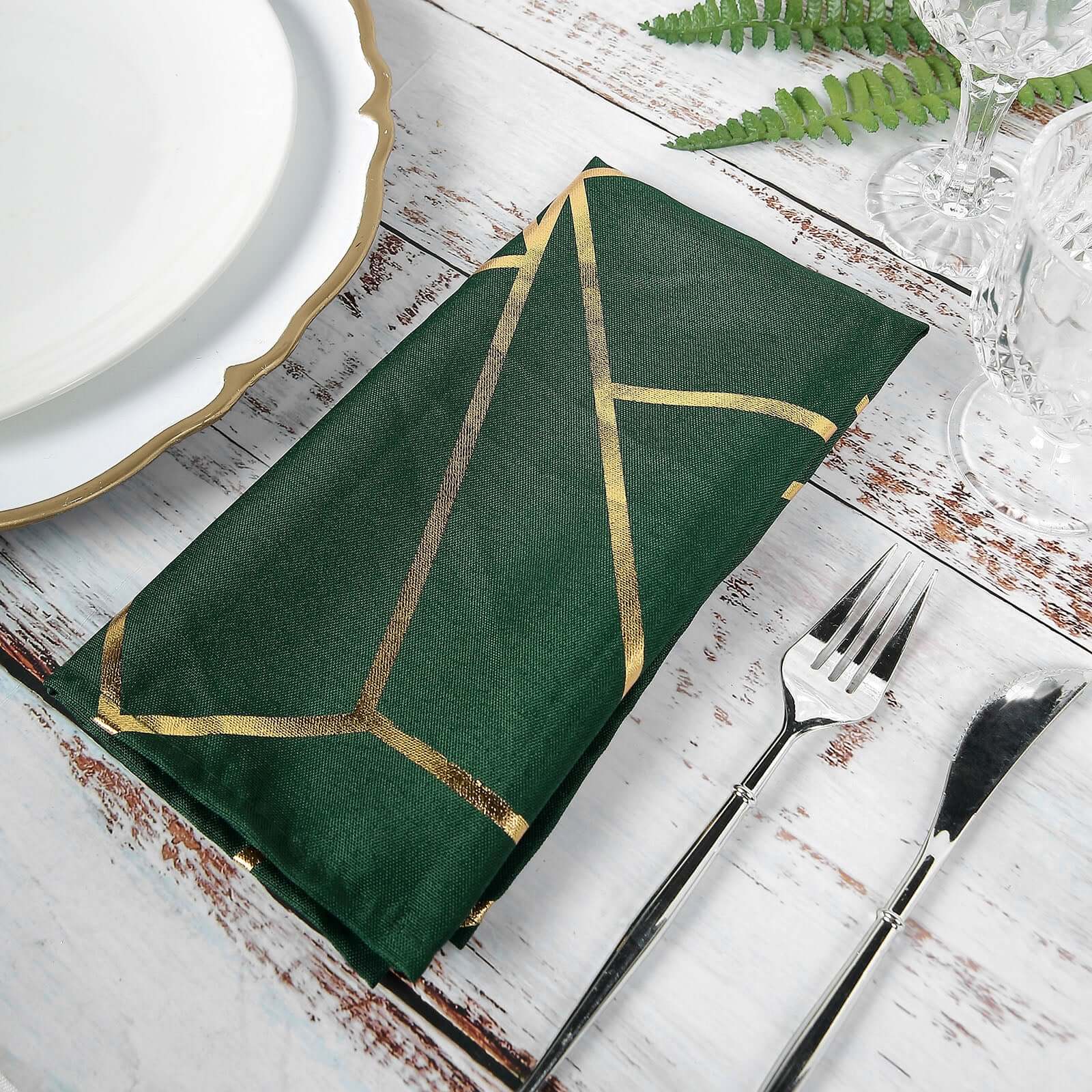 Set of 5 Reusable 20x20 Polyester Dinner Napkins in Hunter Emerald Green with Gold Geometric Foil Design