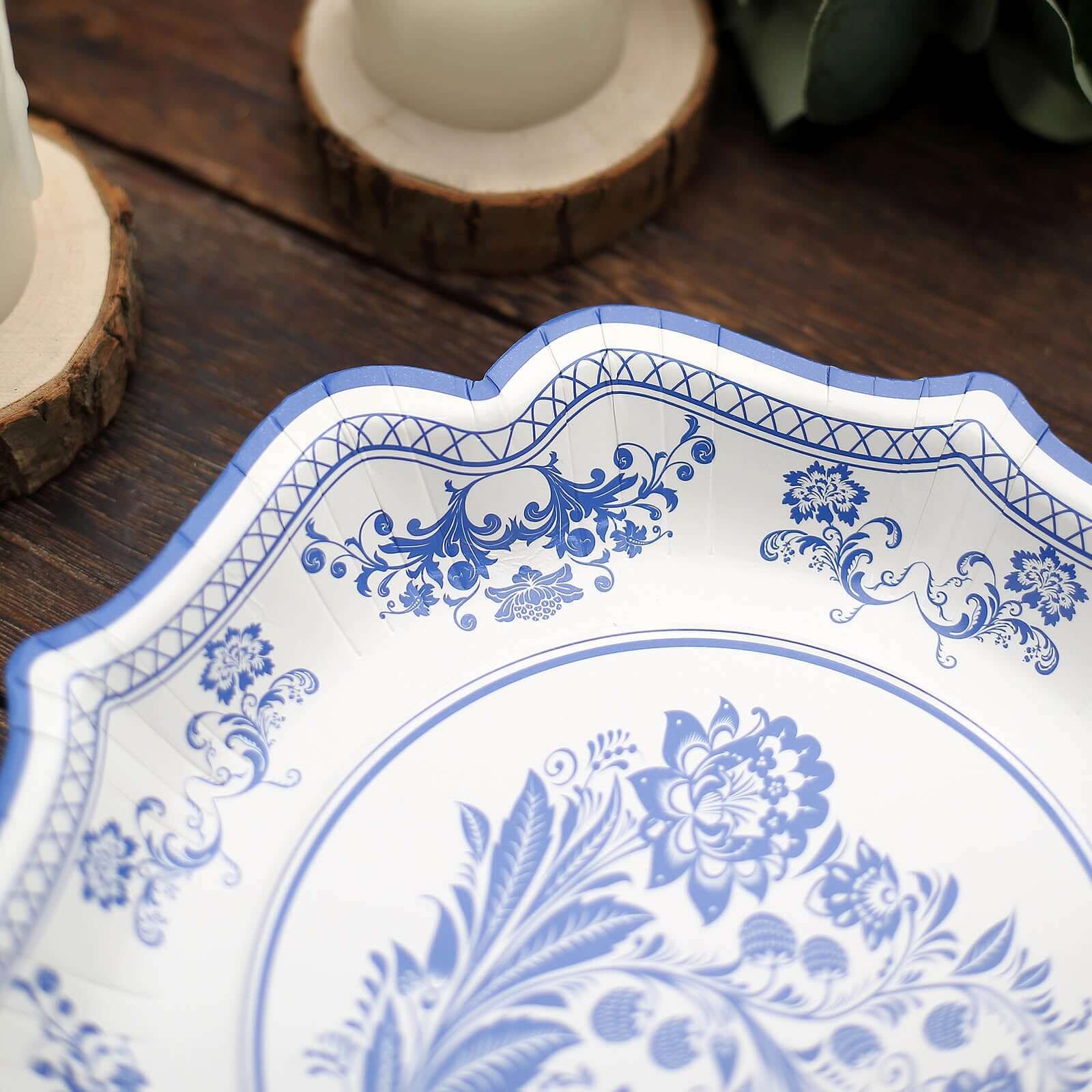 25-Pack Disposable White Paper Salad Plates with Light Blue Damask Floral Print and Scallop Rim