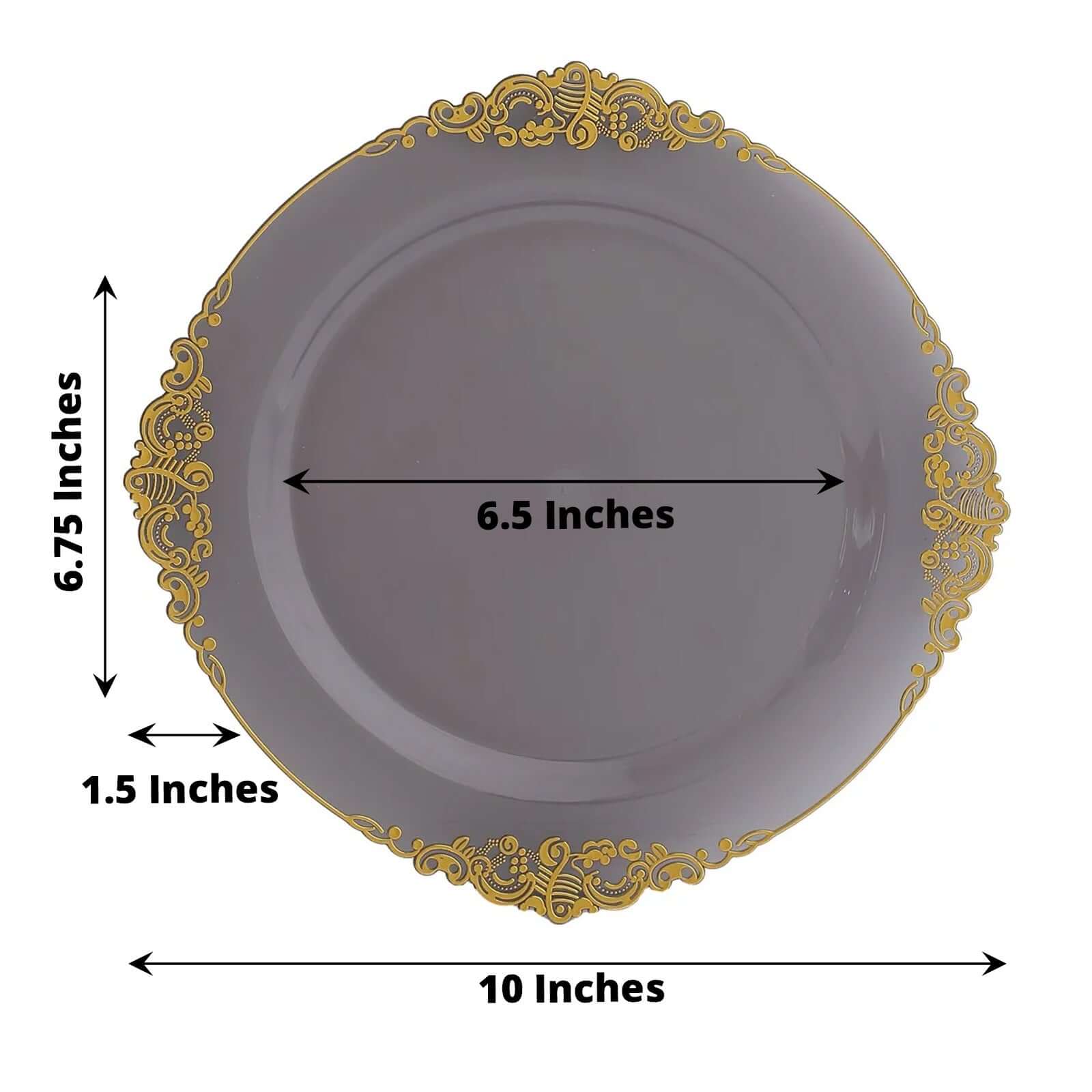 10-Pack Disposable Vintage Baroque Plastic Round Dinner Plates - Transparent Black with Gold Leaf Embossed Rim