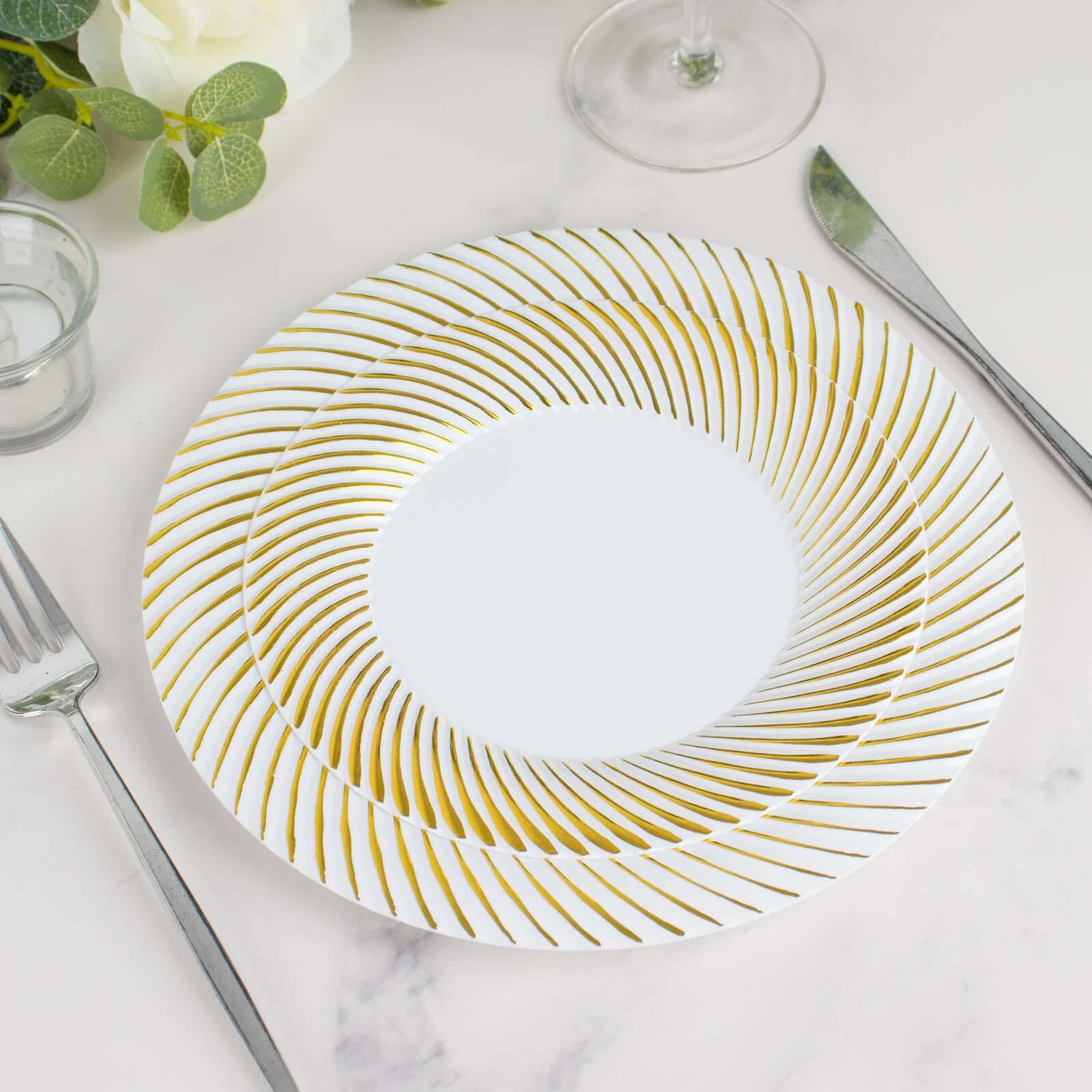 10-Pack Disposable White Plastic Round Dessert Plates with Gold Swirl Rim for Elegant Events