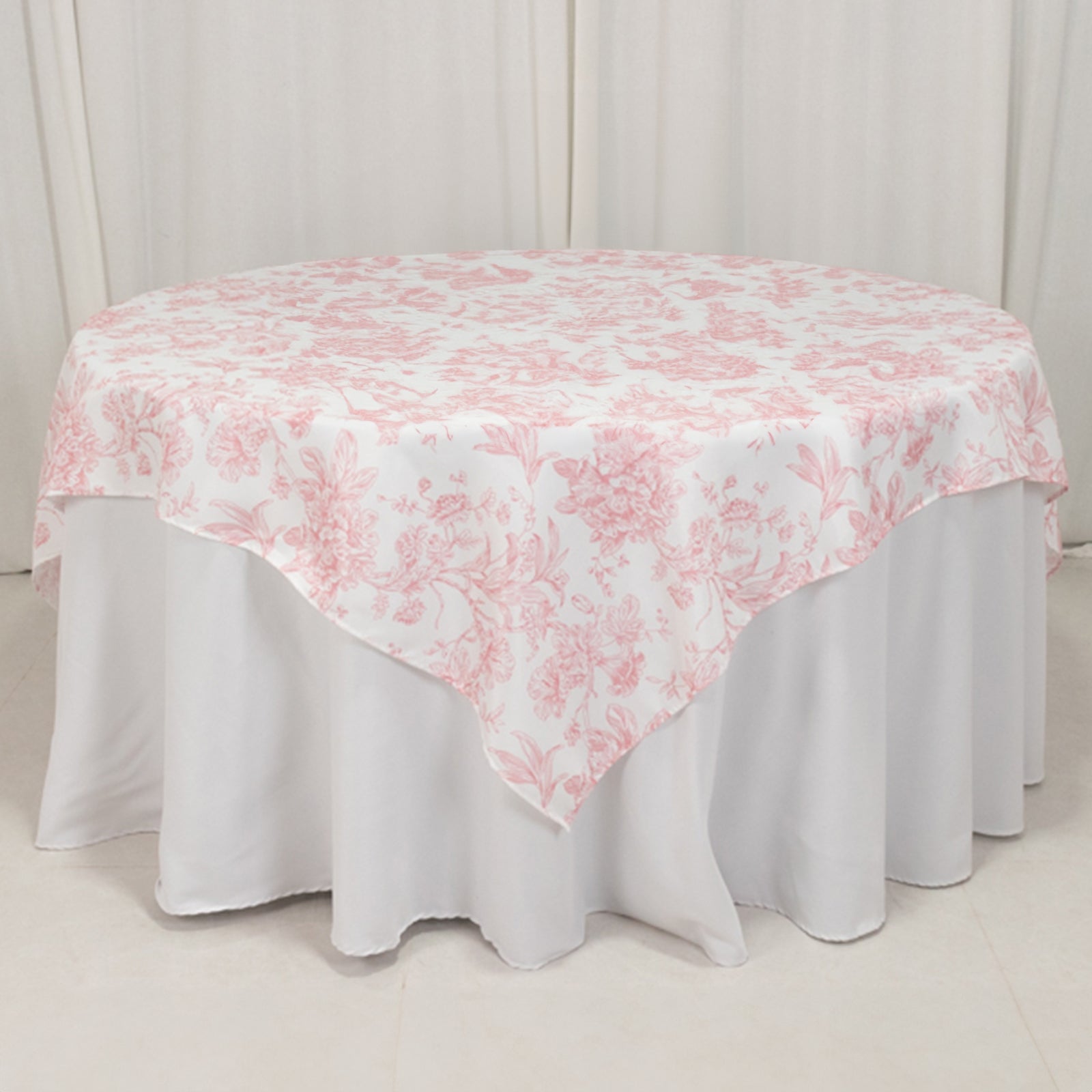 70x70 Polyester White - Pink French Toile Pattern Square Table Overlay for Elegant Gatherings