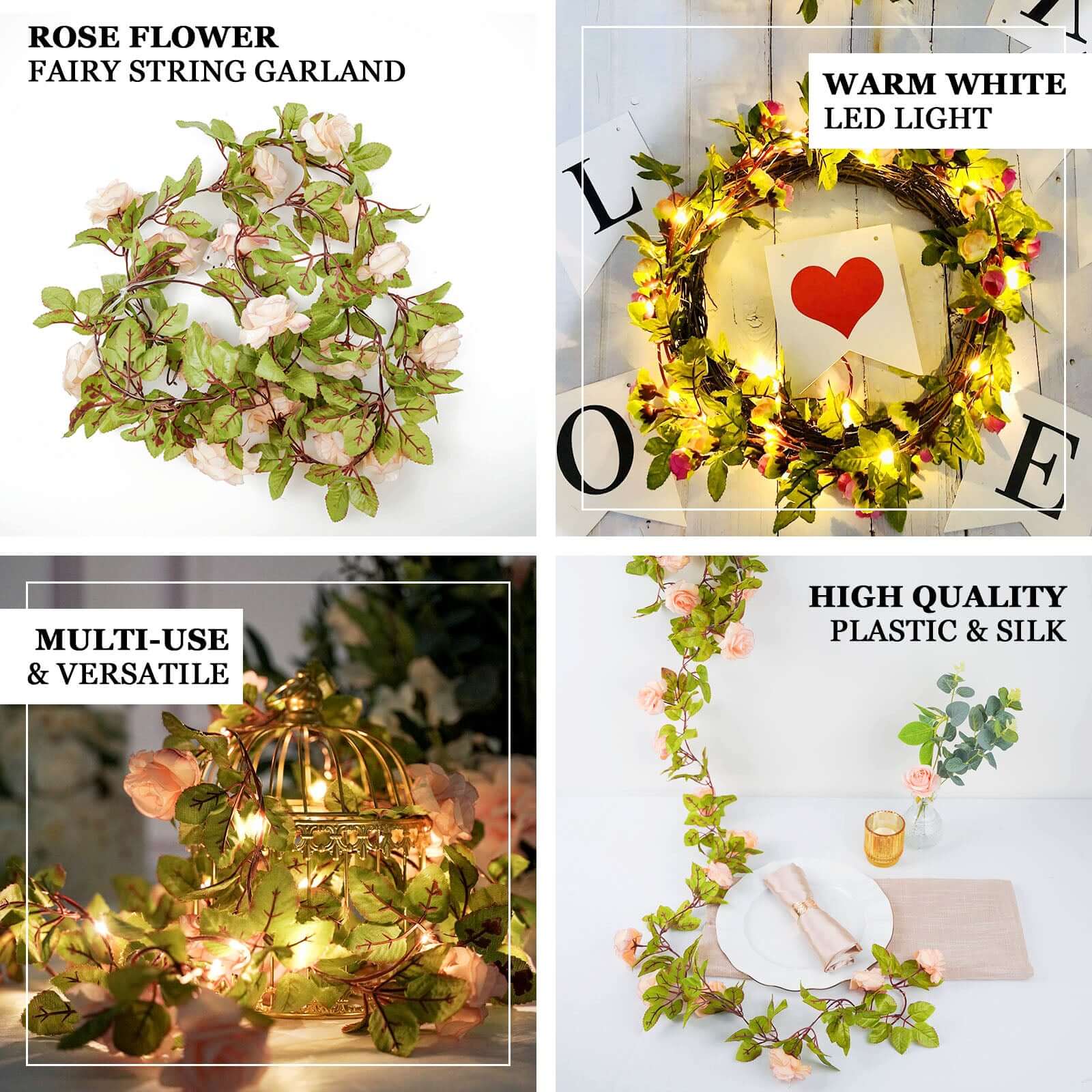 7ft LED Blush Silk Rose Garland with Warm White Battery - Operated Lights, Perfect for Decor