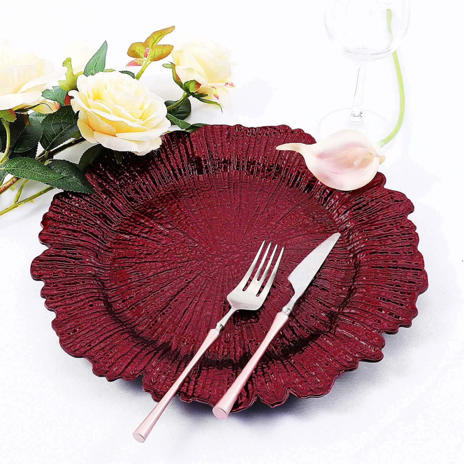 6-Piece Set of 13-Inch Burgundy Acrylic Plastic Round Dinner Charger Plates with Reef Design