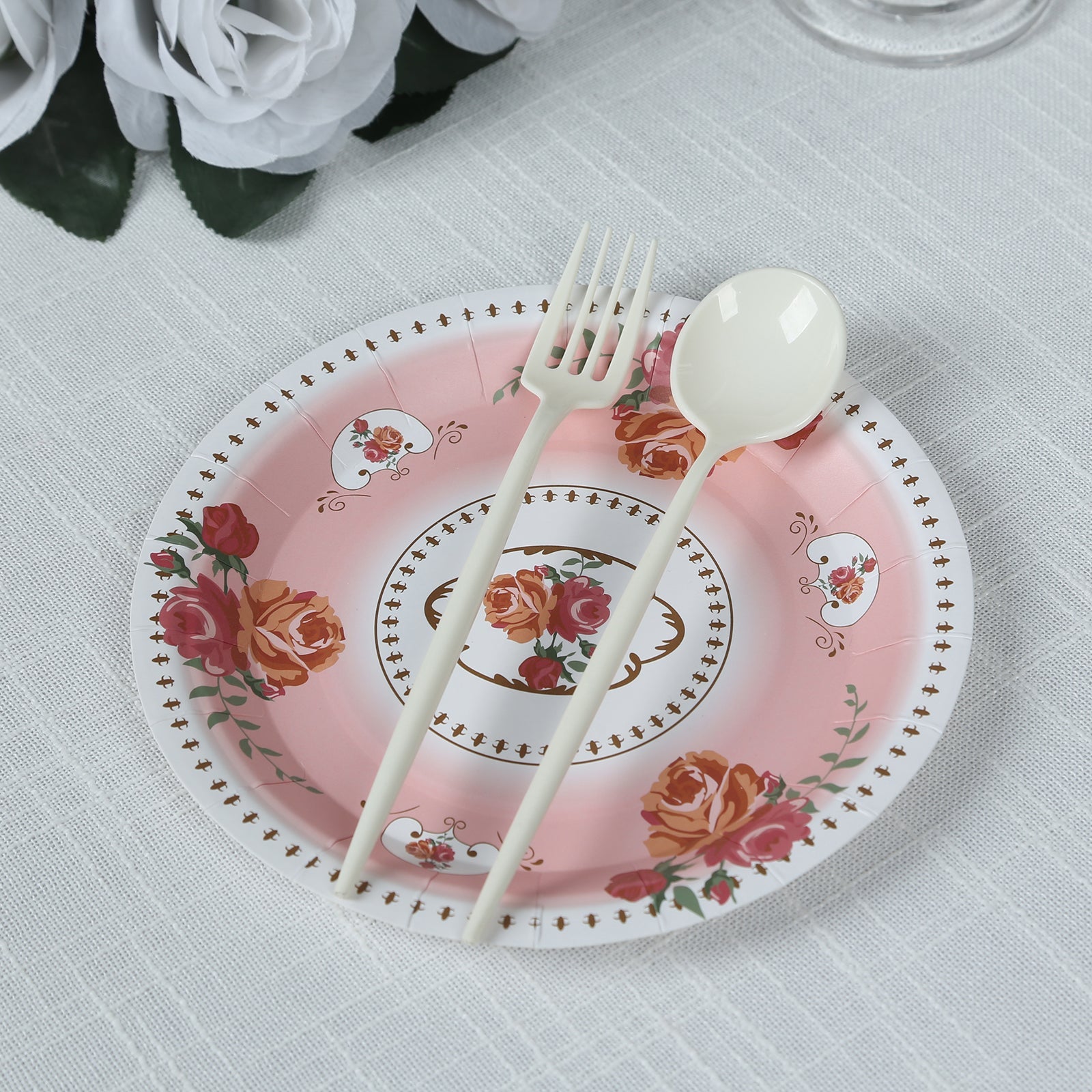 25-Piece Set of 7-Inch Dusty Rose Disposable Paper Dessert Plates with Vintage Rose Prints