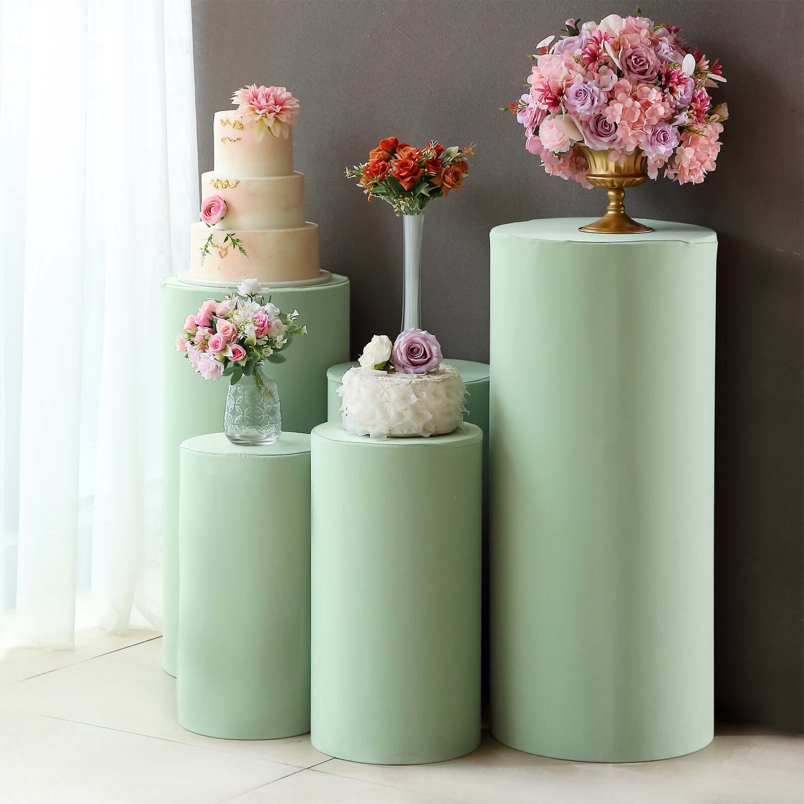 Special Offer! Set of 5 Stretchable Sage Green Spandex Cylinder Pedestal Stand Covers - 160 GSM
