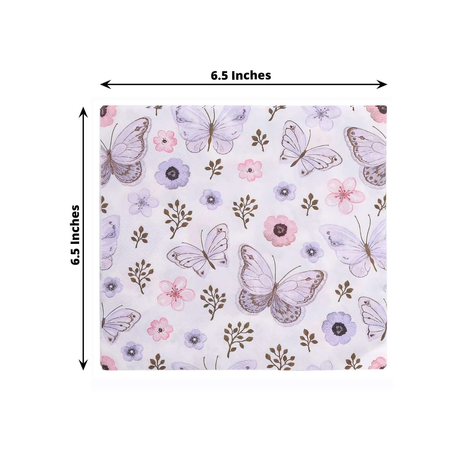 20-Pack 2-Ply Soft 18GSM Ivory Paper Beverage Napkins with Lavender Butterfly Floral Design for Garden Weddings