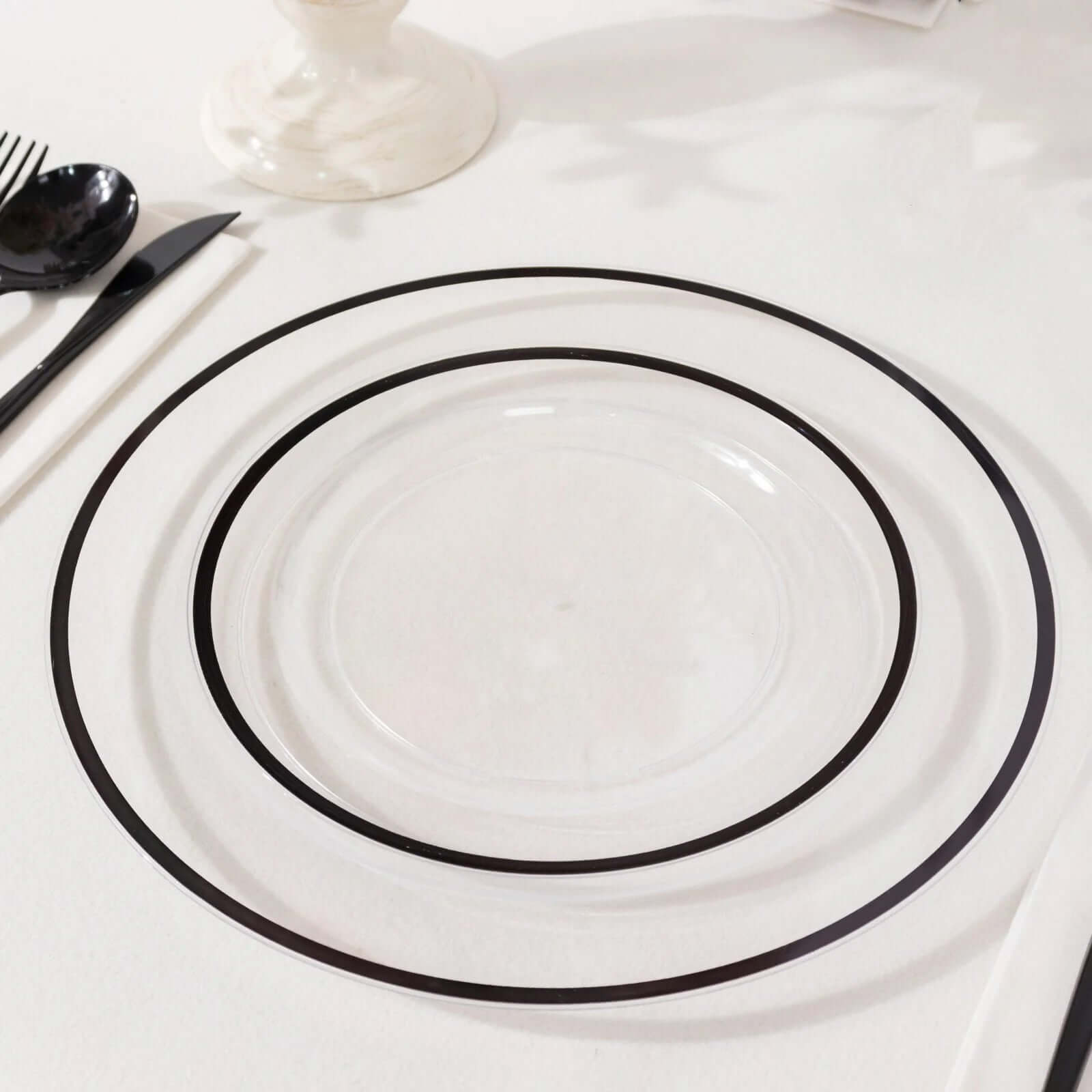 10-Pack Disposable Clear Plastic Salad Plates with Black Rim - Ideal for Banquets and Special Occasions