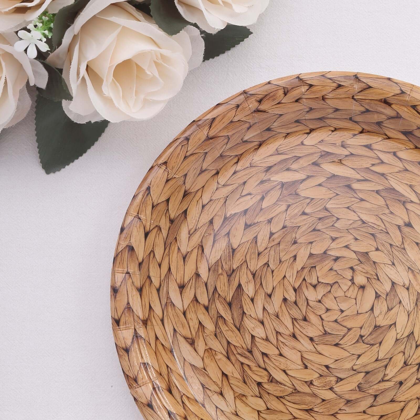 25-Pack Disposable 9-Inch Round Natural Paper Dinner Plates with Woven Rattan Print - Ideal for Rustic Farmhouse Parties