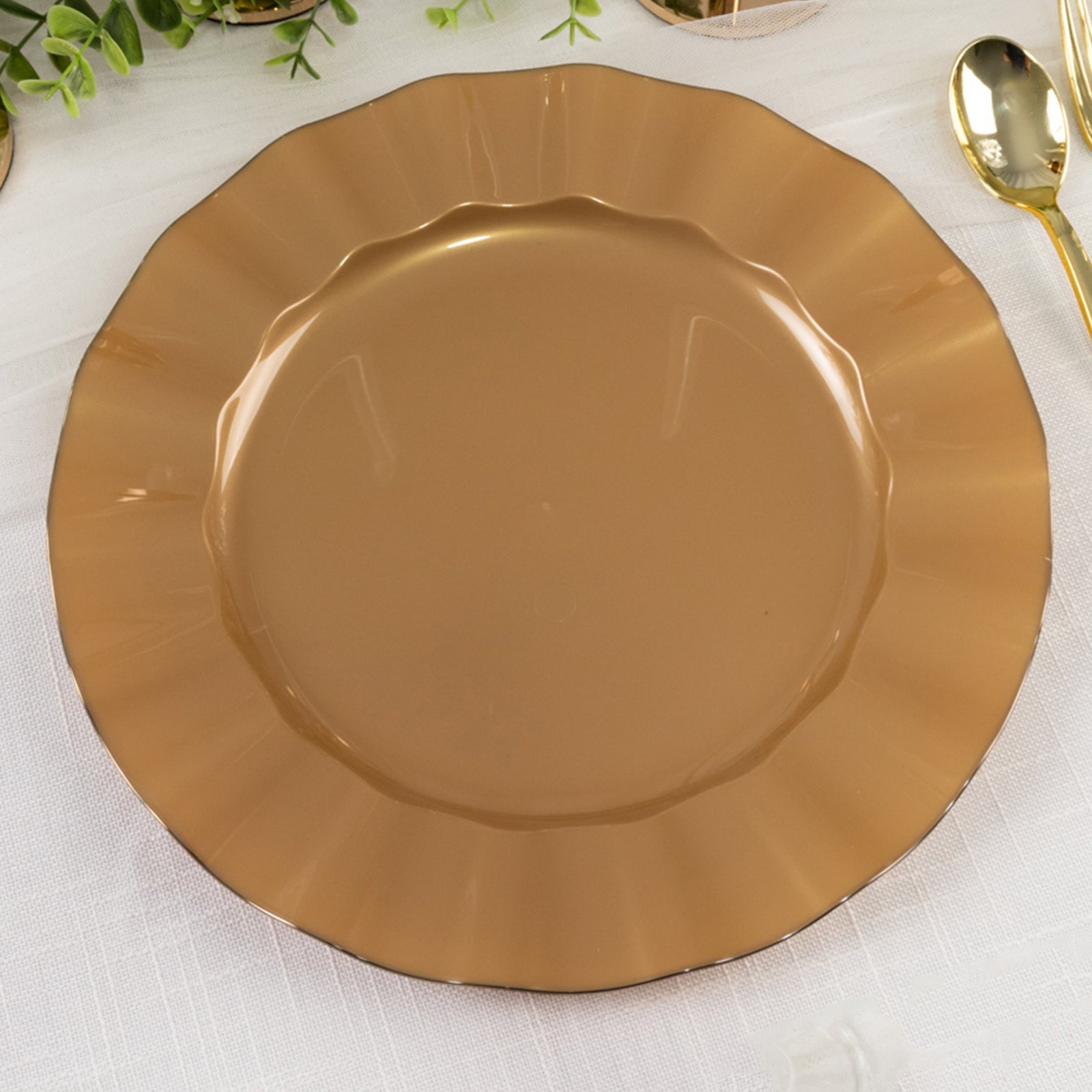 Get This 10-Pack of Sturdy Gold Plastic Round Dinner Plates with Ruffled Rim for Classy Events