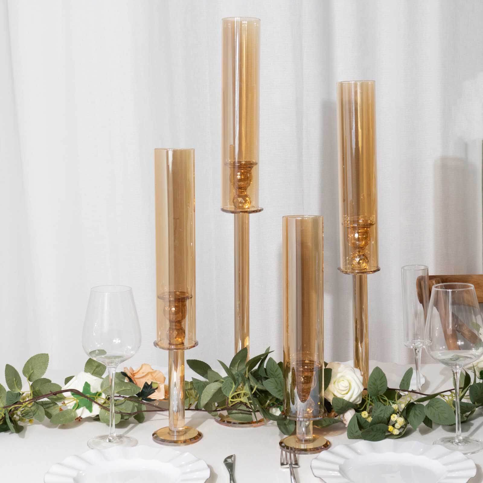 4-Piece Set of Gold Crystal Glass Hurricane Taper Candle Holders - Assorted Sizes