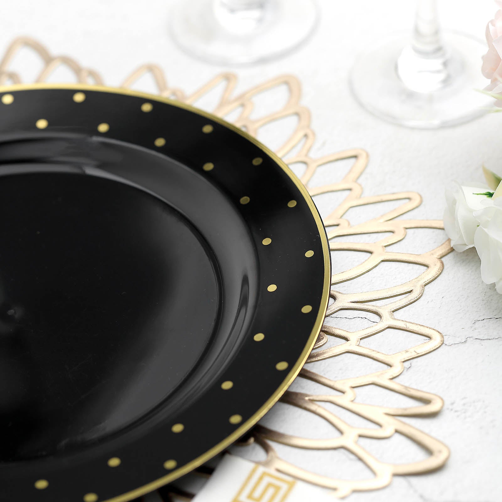 10-Pack Black Plastic Dinner Plates with Gold Dot Rim, Disposable and Sturdy