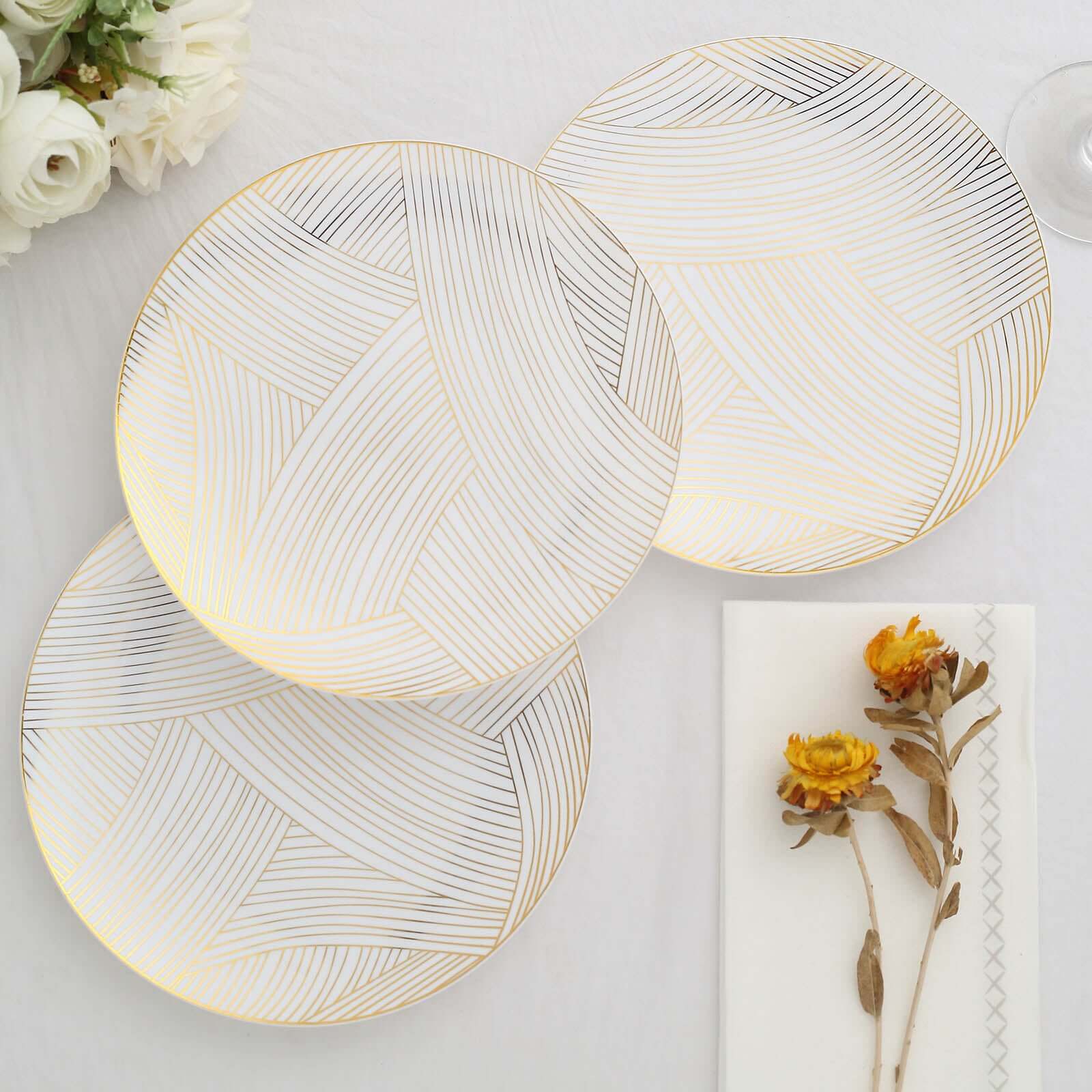 10-Pack Disposable White Plastic Round Dessert Plates with Gold Wave Pattern