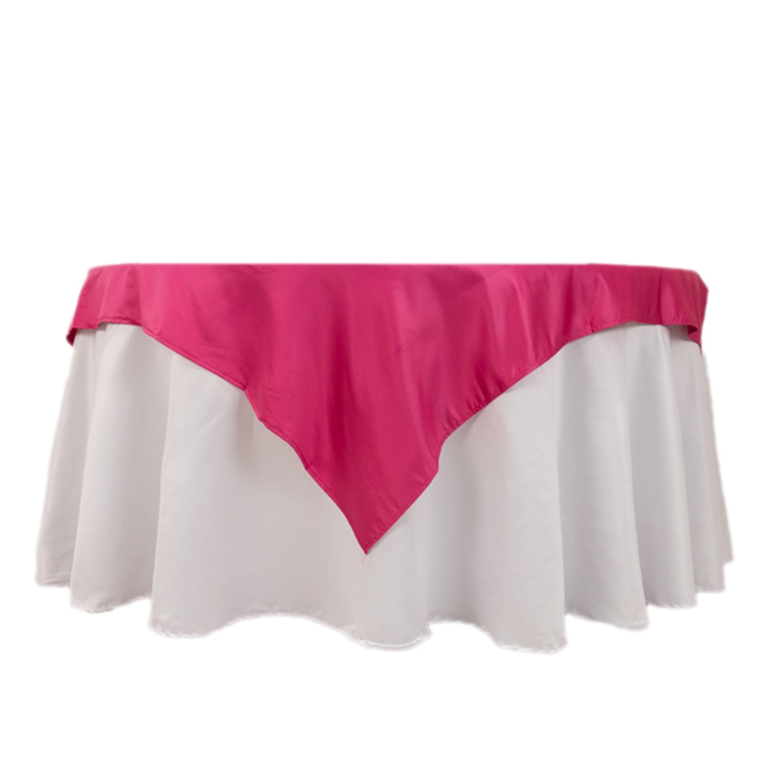 Fuchsia 54x54 Lamour Satin Square Table Overlay - Durable Silk-Like Table Cover
