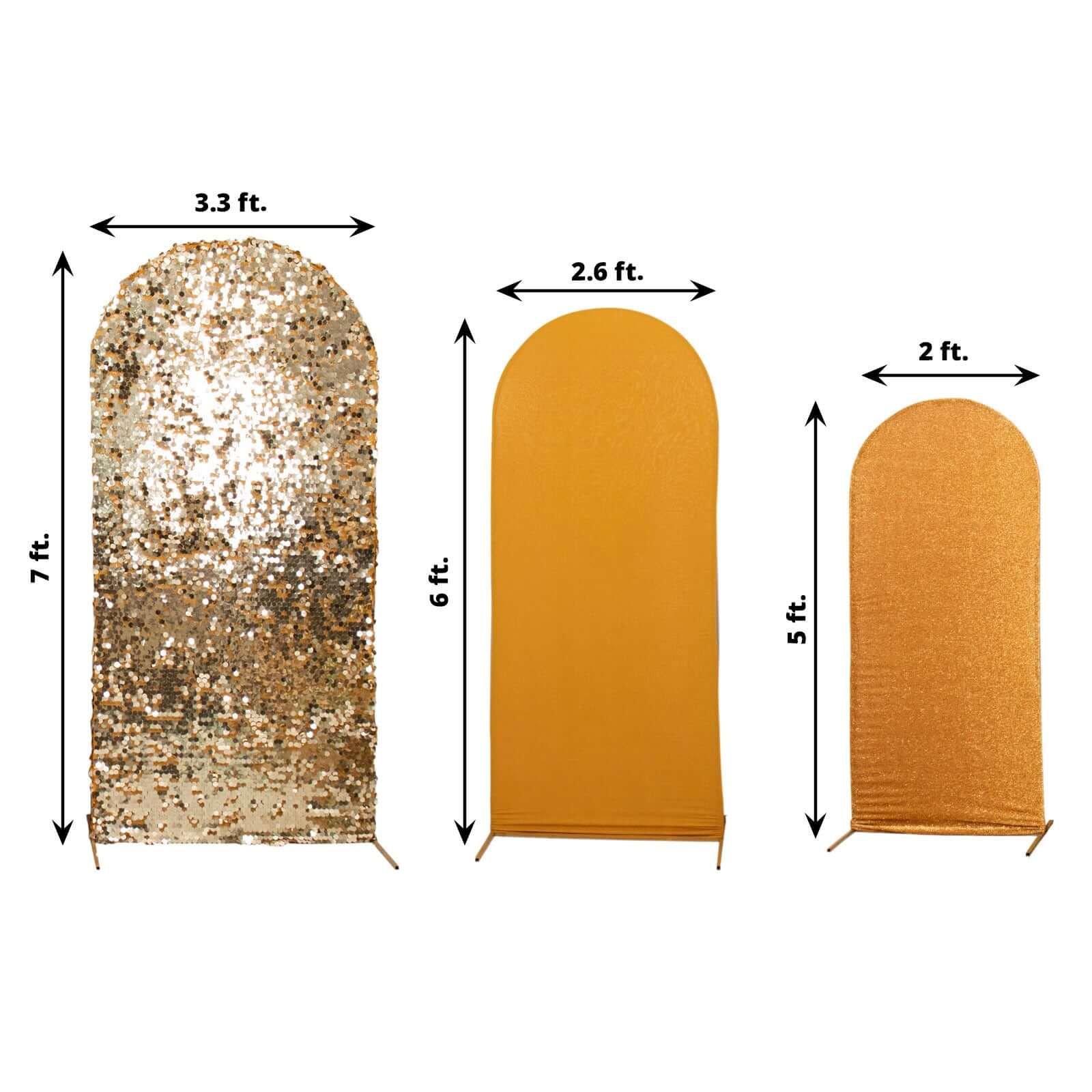 3-Piece Gold Round Top Wedding Arch Frame Covers in Sequin, Tinsel & Spandex