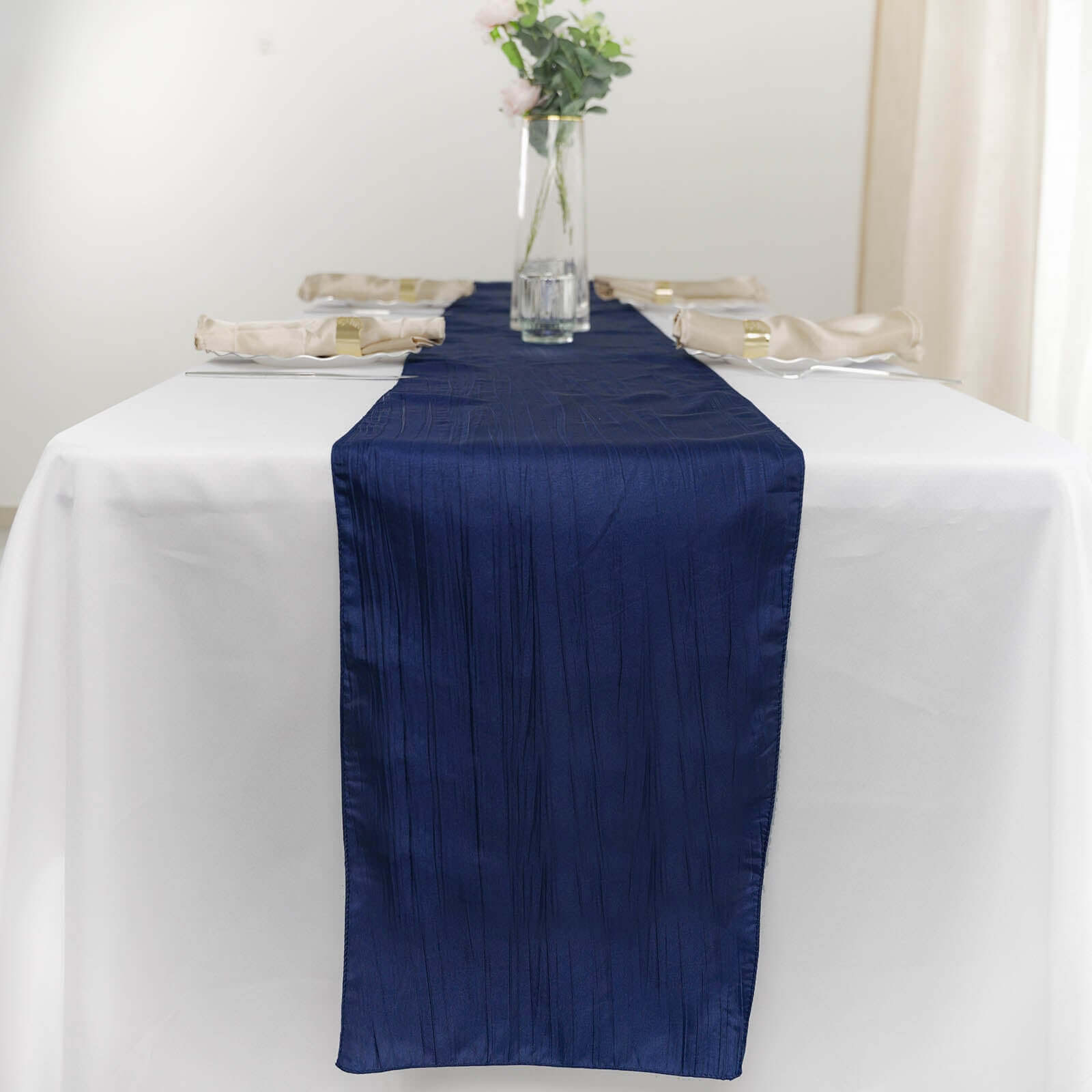Navy Blue Taffeta 12x108 Table Runner with Accordion Crinkle Design