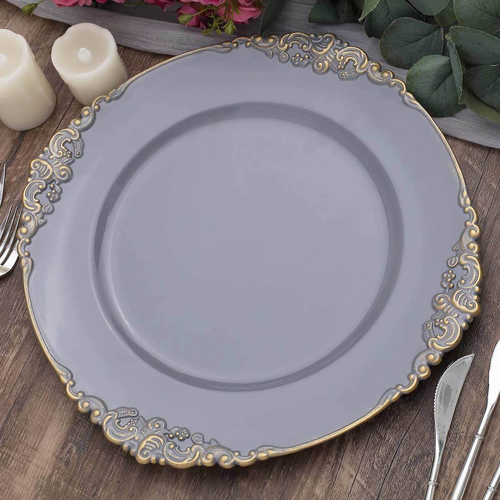 6-Pack 13-Inch Charcoal Gray Acrylic Round Charger Plates with Gold Embossed Baroque Rim - Ideal for Dinner Parties