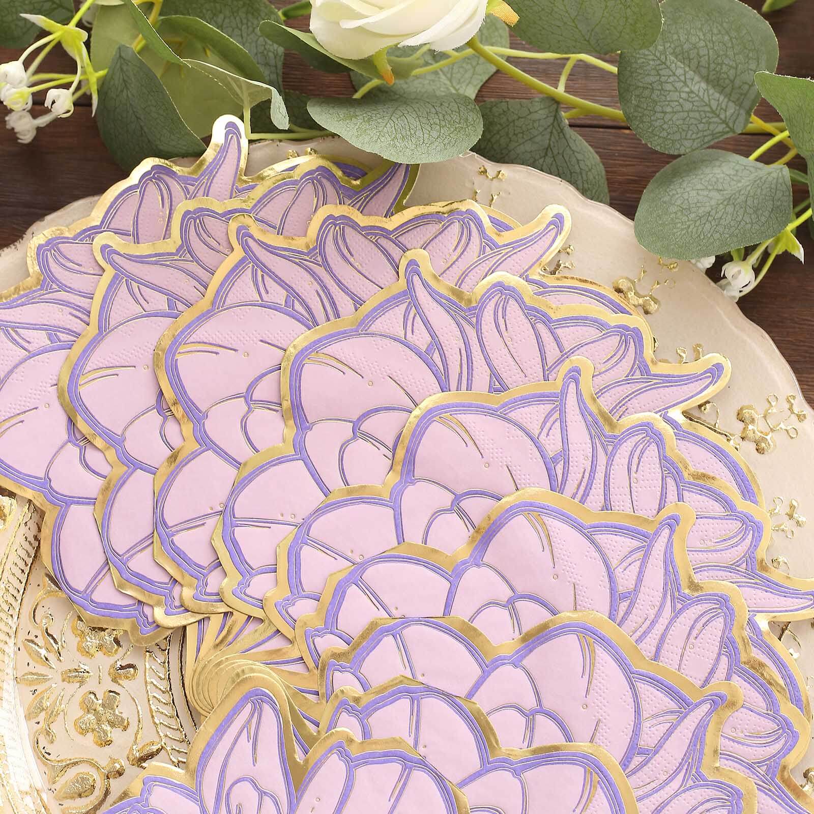 Get 20-Pack Disposable Cocktail Paper Napkins with Purple Peony & Gold Edges for Parties