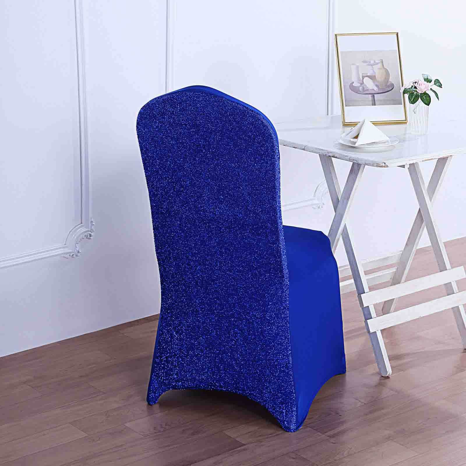 Fitted Royal Blue Spandex Chair Cover with Metallic Shimmer Tinsel Back for Banquets