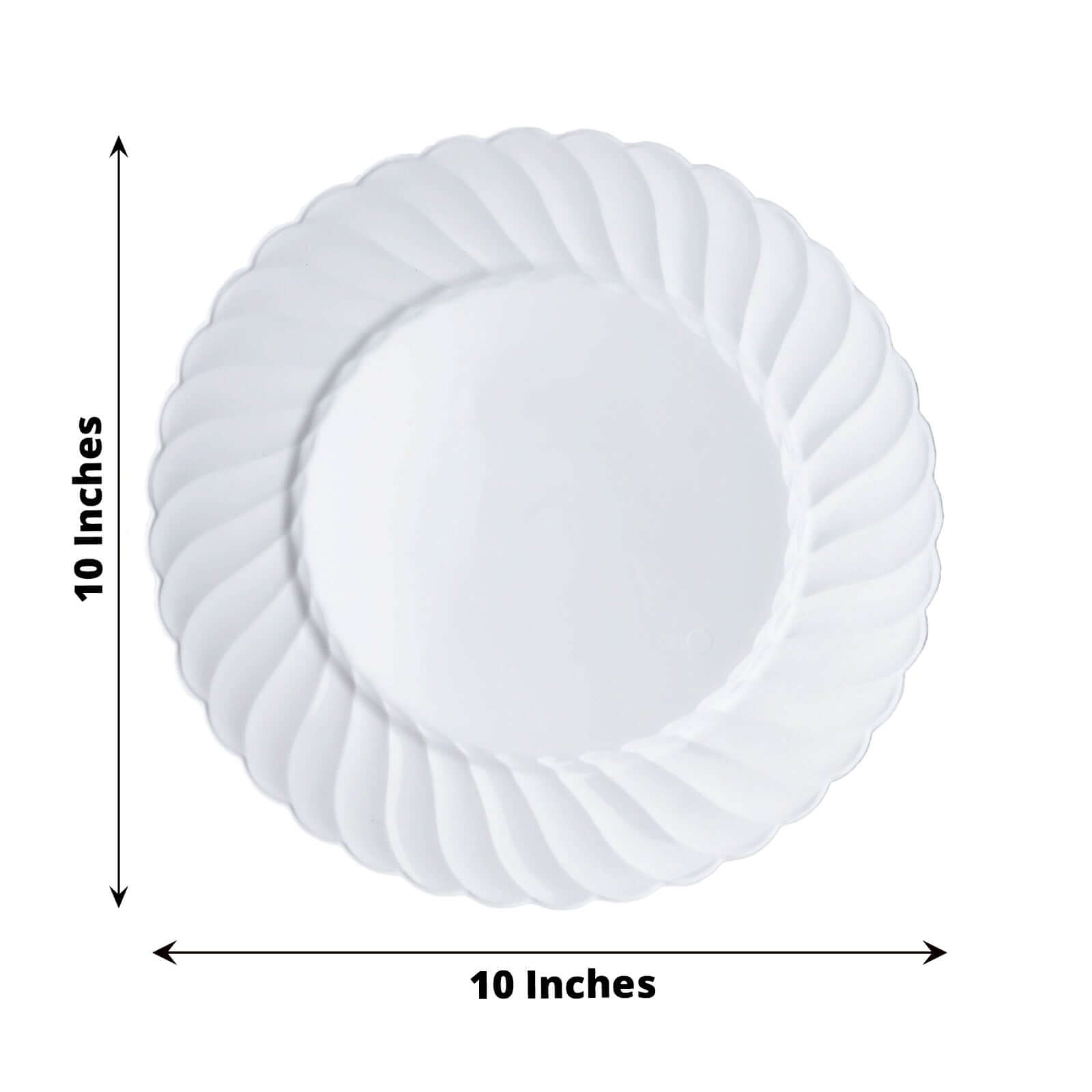 12-Piece Set of Durable Disposable Glossy White Swirl Rim Plastic Dinner Plates, 10 Inches