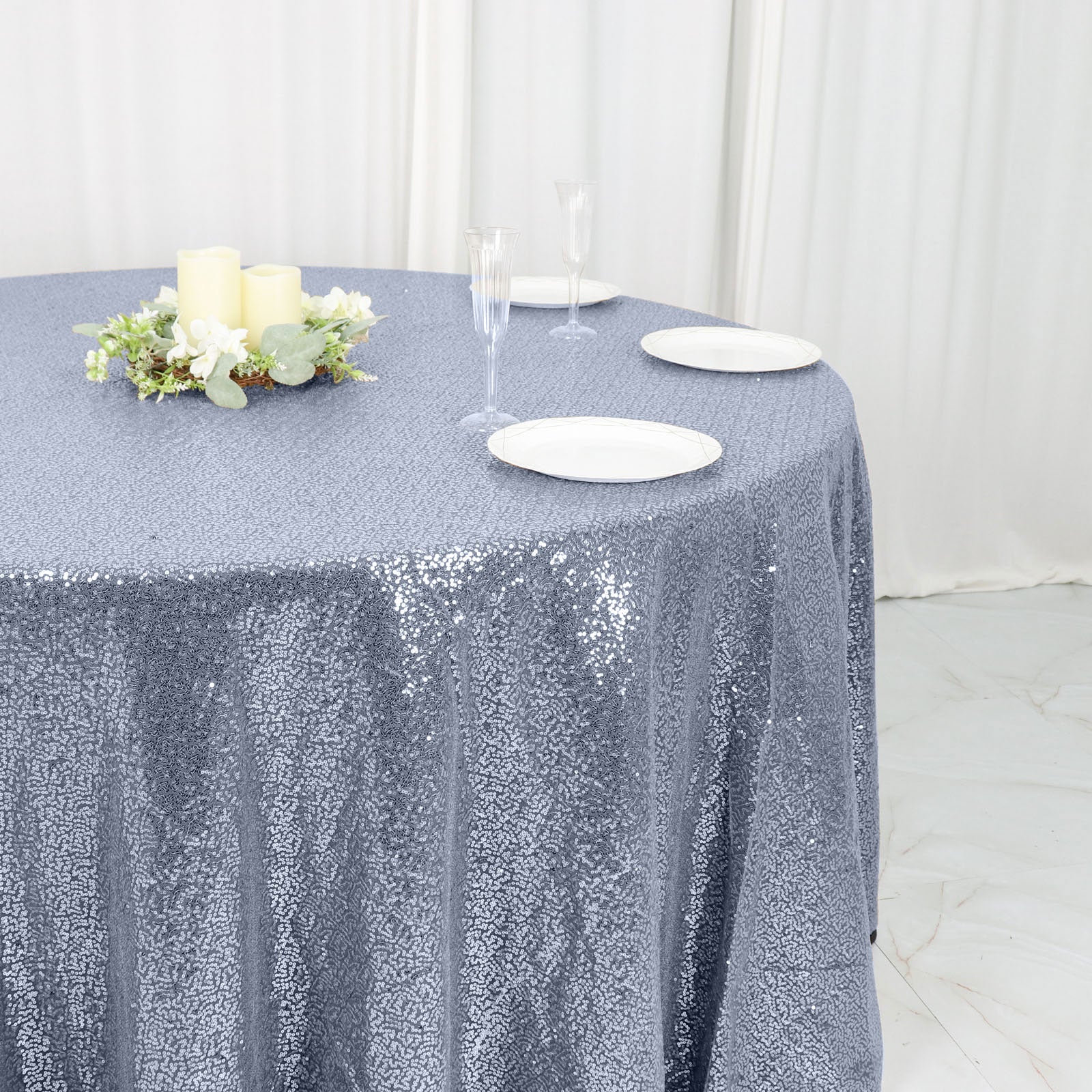 Hot Sale! 120-Inch Dusty Blue Seamless Sequin Round Tablecloth for 5-Foot Tables