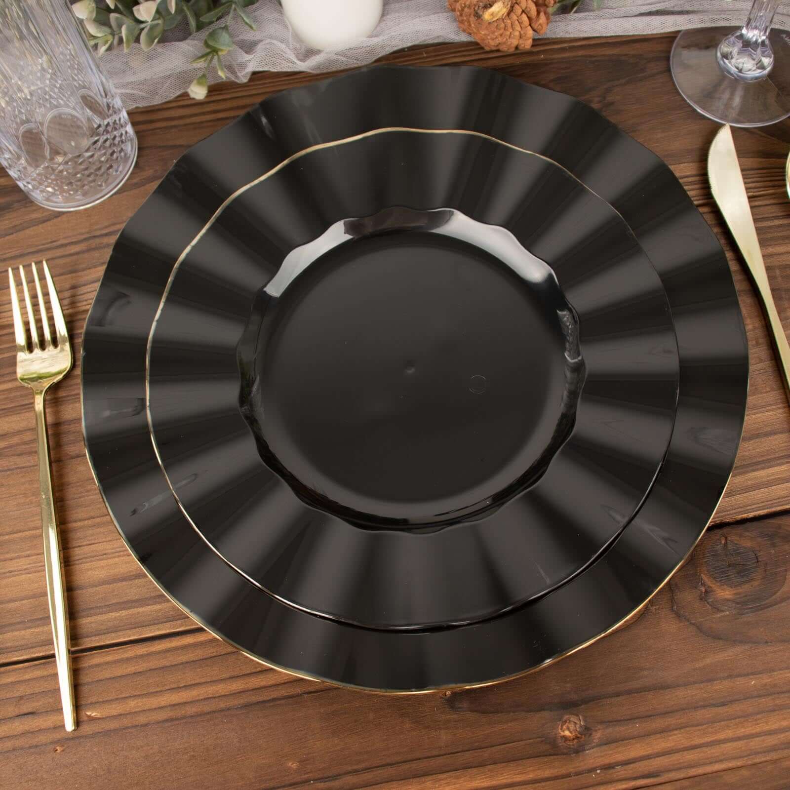10-Piece Set of Sturdy Black Plastic Round Dinner Plates with Gold-Rimmed Ruffled Edges