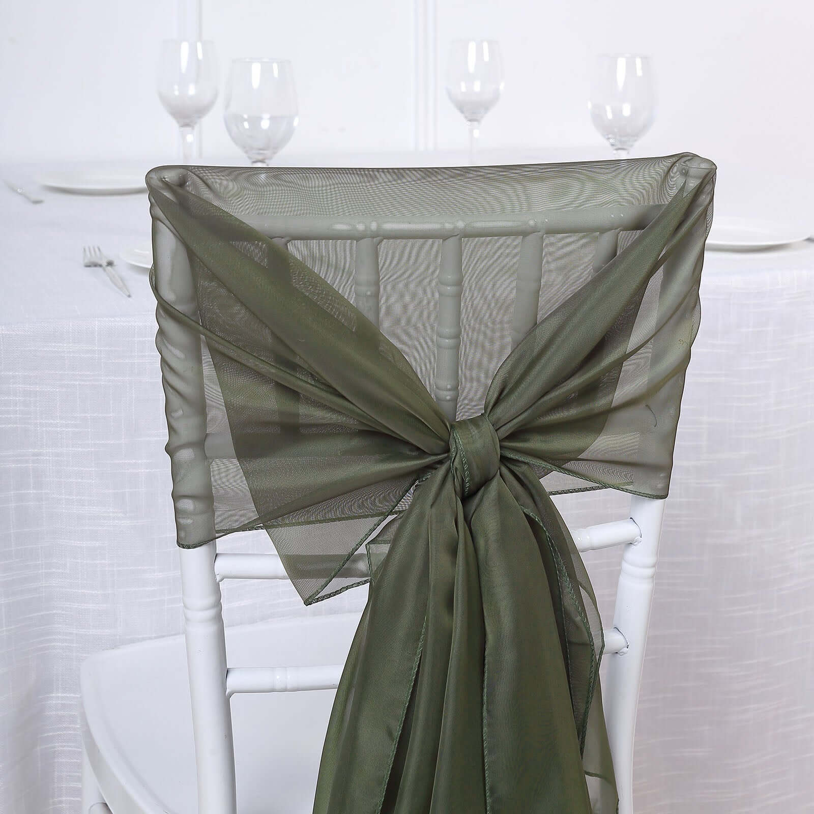 5-Pack Olive Green Premium Chiffon Chair Sashes - Soft, Lightweight Designer Bows