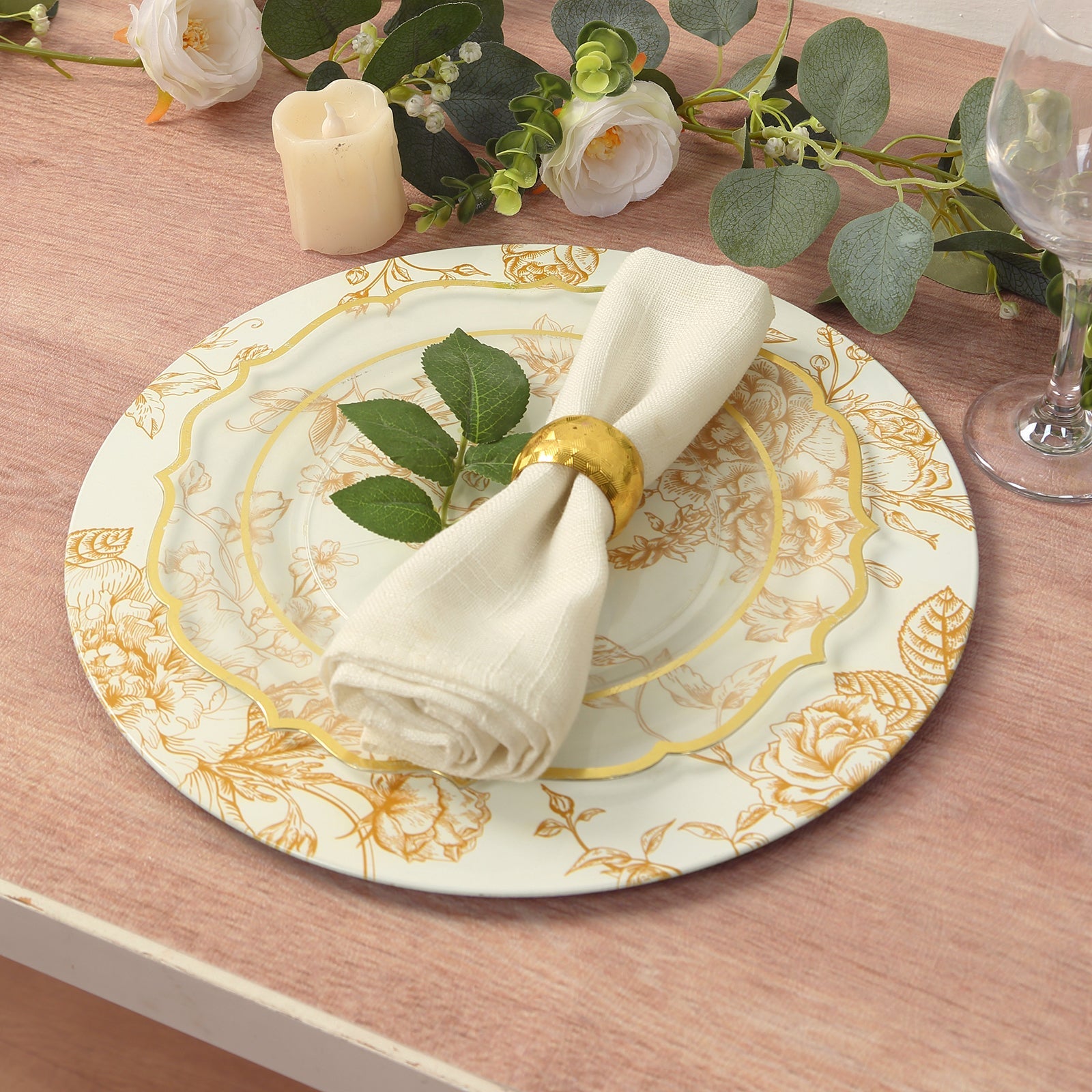 Hot Sale! 6-Pack 13-Inch White Acrylic Round Charger Plates with Gold Floral French Toile Pattern