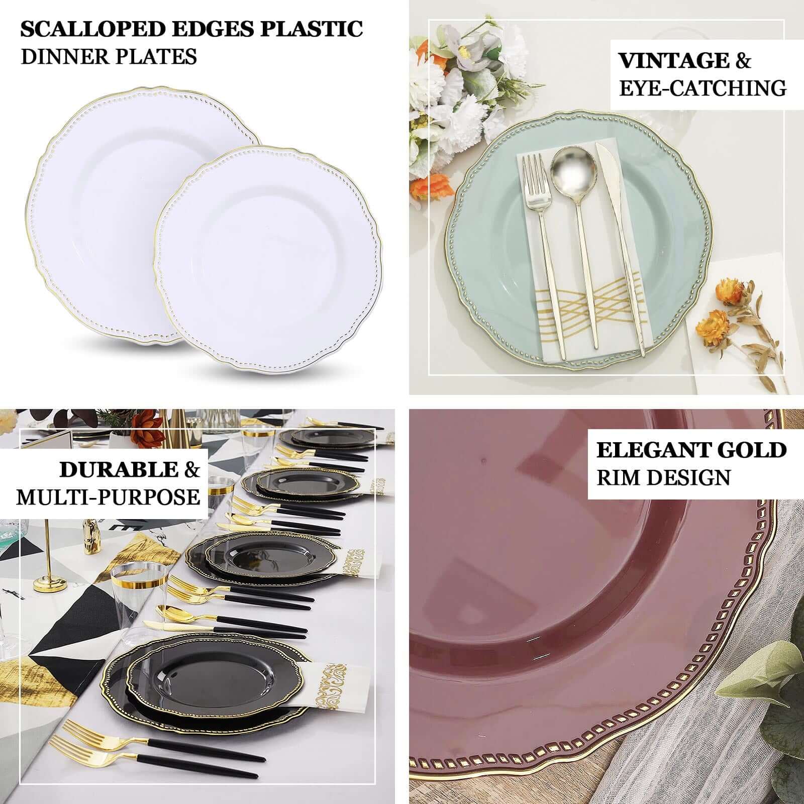 10-Pack Disposable Clear Plastic Dinner Plates with Gold Scalloped Rim - Ideal for Parties