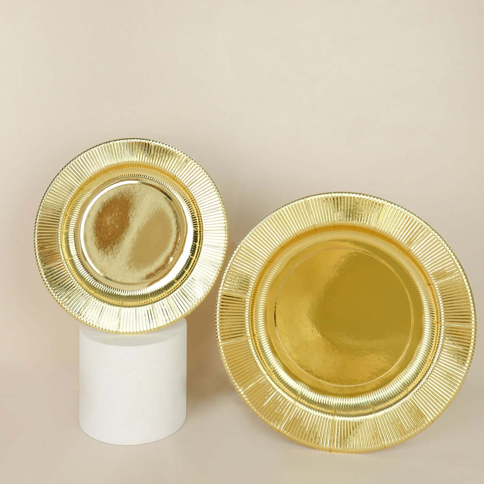 25-Piece Set of Disposable 8-Inch Round Metallic Gold Sunray Design Paper Dessert Plates - Heavy Duty 350GSM