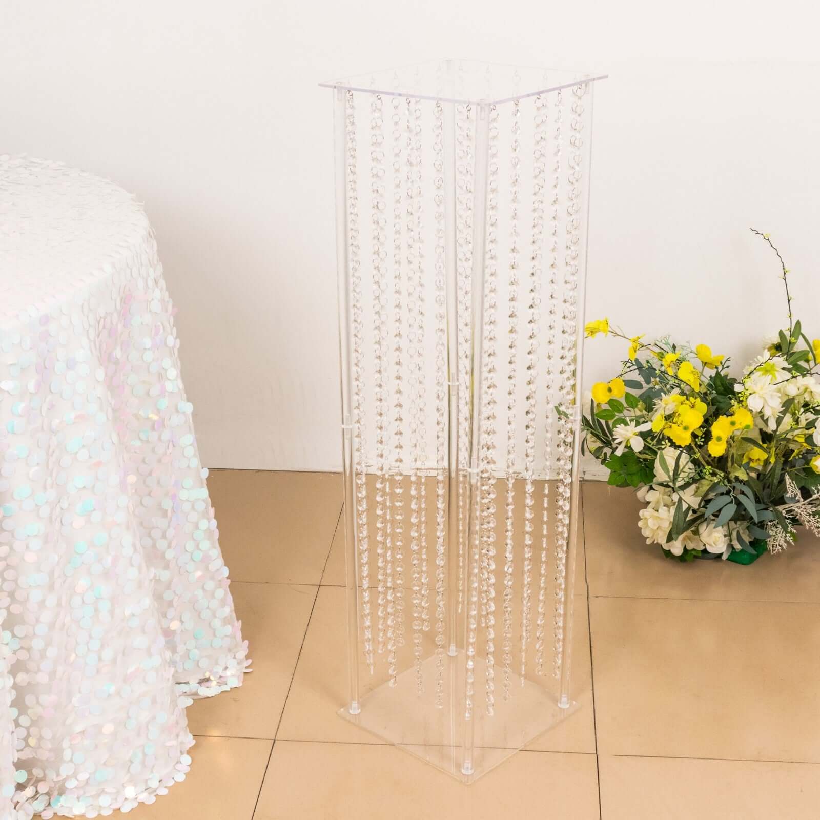 Clear Acrylic Flower Pedestal Vase with Crystal Beads - Elegant 40" Wedding Floor Centerpiece