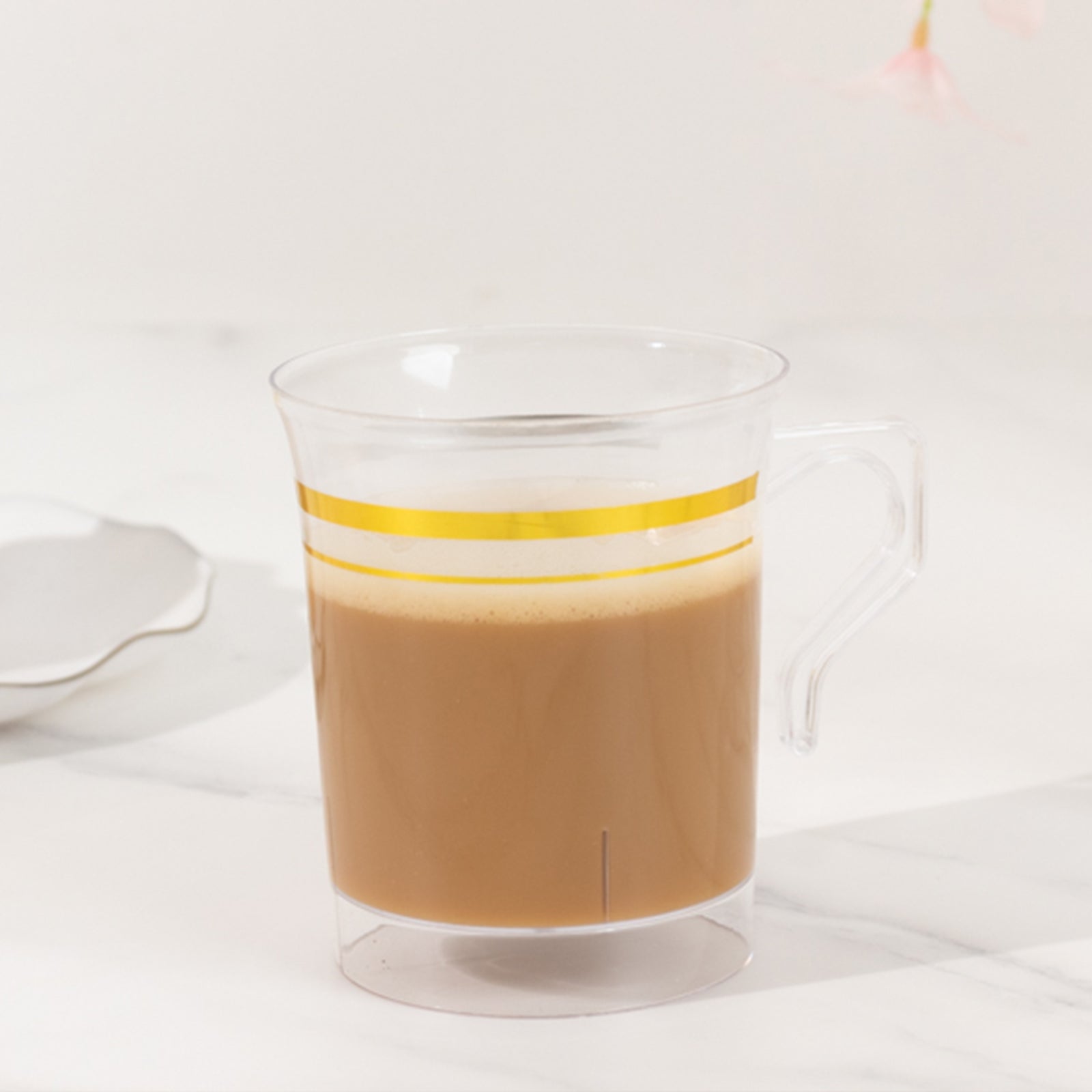 8-Pack Disposable 8oz Clear Plastic Coffee Mugs with Gold Stripes - Ideal for Events